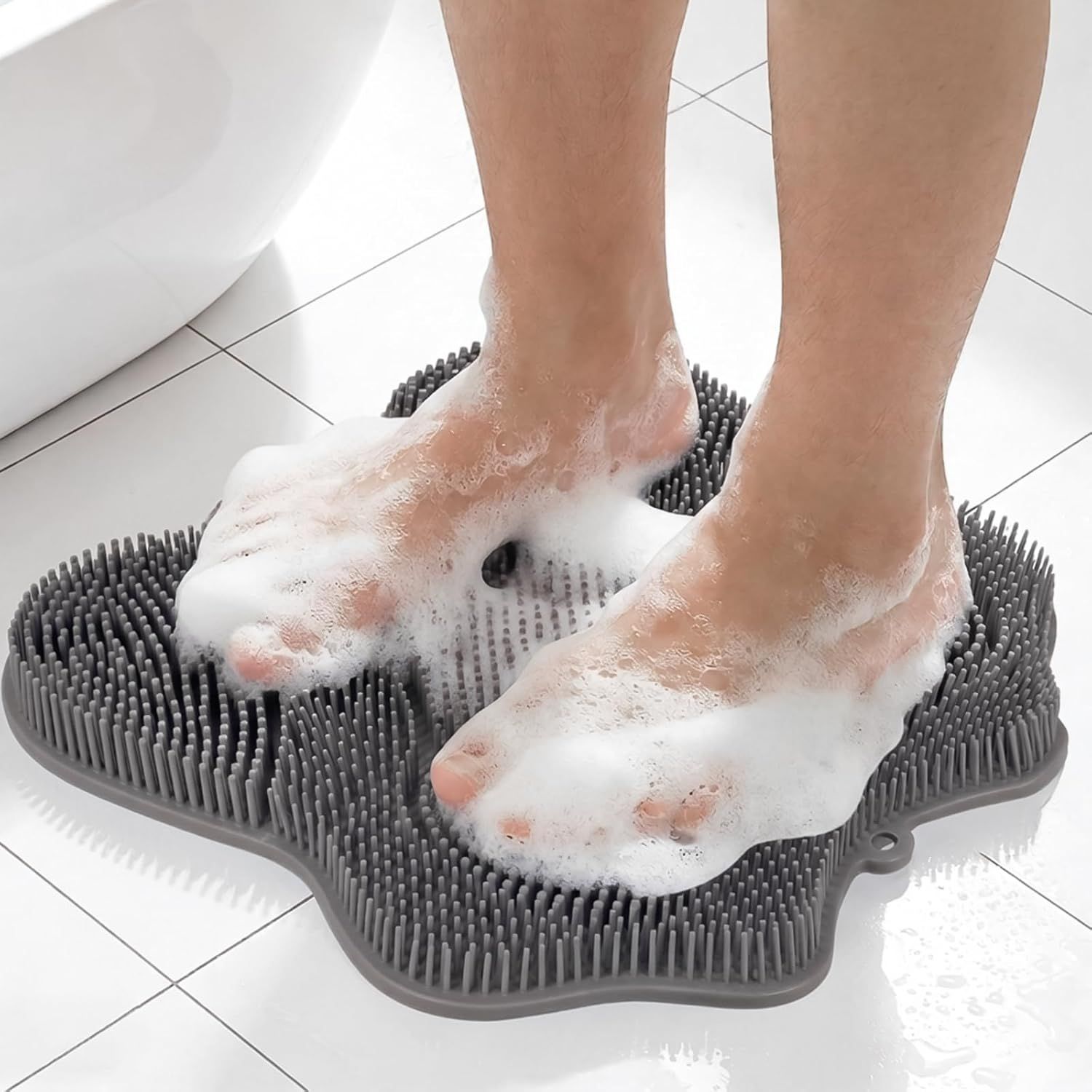 Silicone Shower Foot Scrubber Mat,Back Washer Bath Wash Pad Exfoliating & Massage, Wall Mounted Slip Strong Suction Cups for Use in Cleaner Men and Women (Grey) - Image 1