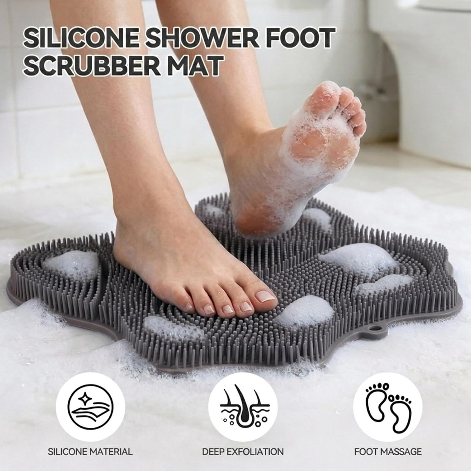Silicone Shower Foot Scrubber Mat,Back Washer Bath Wash Pad Exfoliating & Massage, Wall Mounted Slip Strong Suction Cups for Use in Cleaner Men and Women (Grey) - Image 2