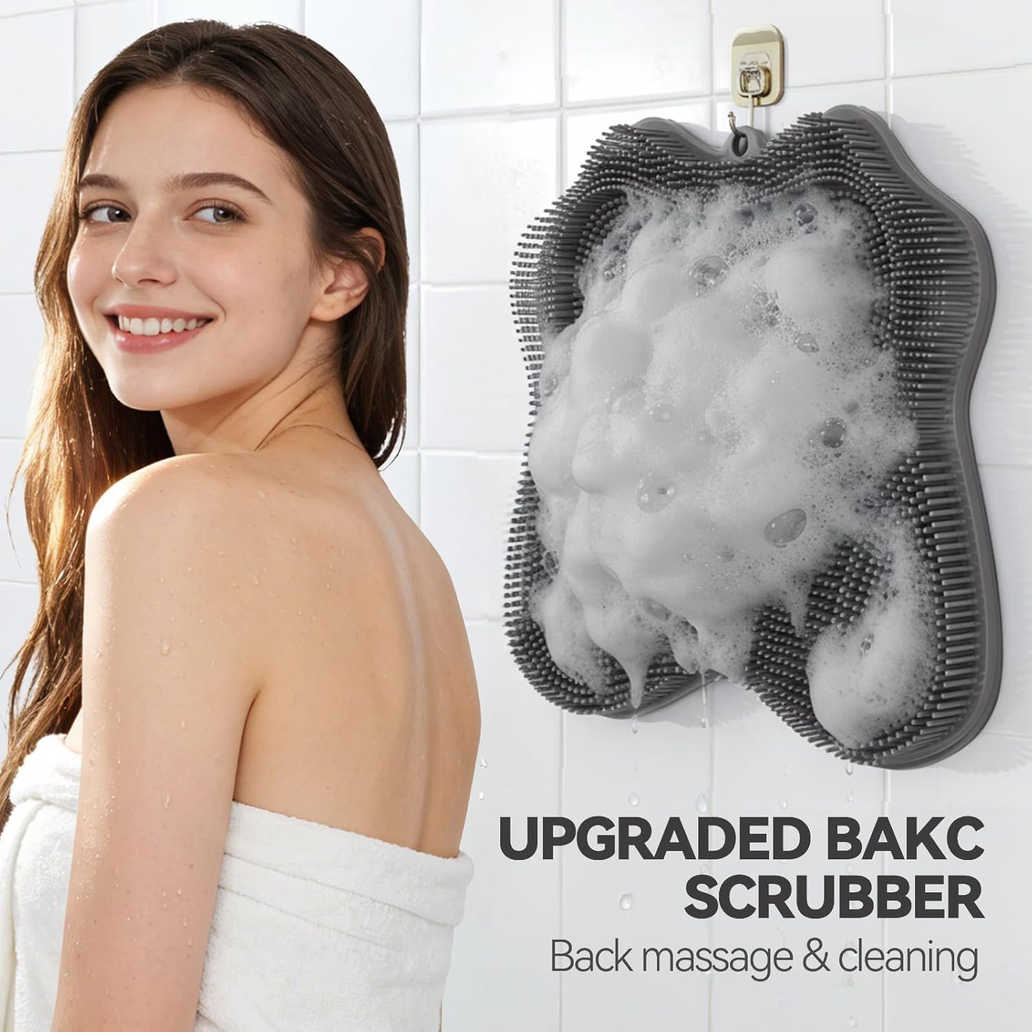 Silicone Shower Foot Scrubber Mat,Back Washer Bath Wash Pad Exfoliating & Massage, Wall Mounted Slip Strong Suction Cups for Use in Cleaner Men and Women (Grey) - Image 3