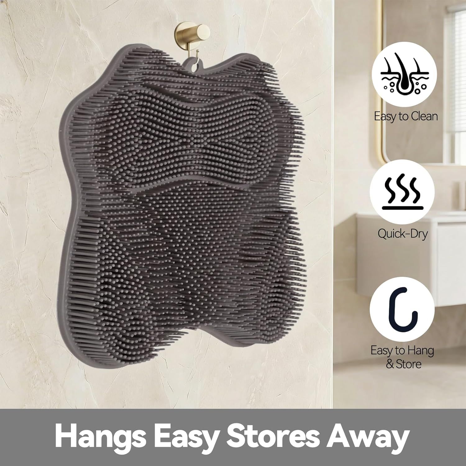 Silicone Shower Foot Scrubber Mat,Back Washer Bath Wash Pad Exfoliating & Massage, Wall Mounted Slip Strong Suction Cups for Use in Cleaner Men and Women (Grey) - Image 7
