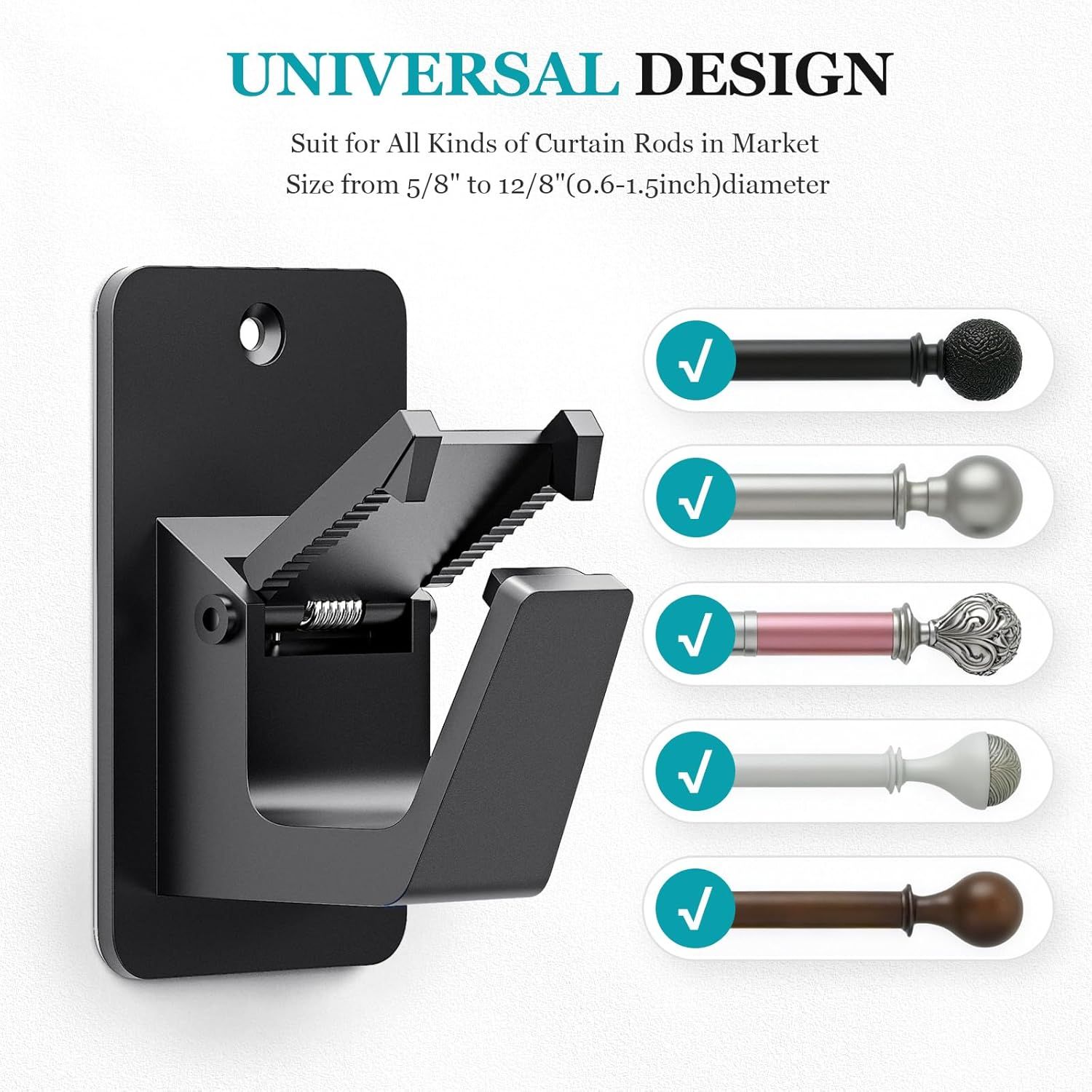 Adhesive No Drill Curtain Rod Brackets - Heavy Duty 30LB Holders for Bathroom Bedroom Kitchen, Universal Damage-Free Window Rod Hooks with Nail-Free Installation (4PC Black) - Image 3
