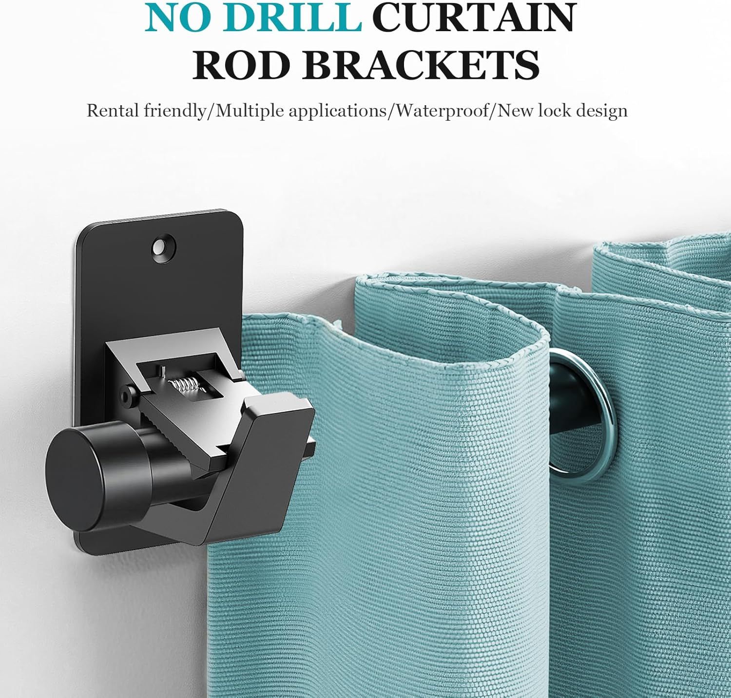 Adhesive No Drill Curtain Rod Brackets - Heavy Duty 30LB Holders for Bathroom Bedroom Kitchen, Universal Damage-Free Window Rod Hooks with Nail-Free Installation (4PC Black) - Image 4