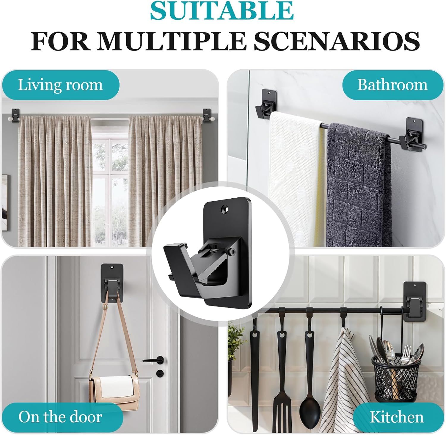 Adhesive No Drill Curtain Rod Brackets - Heavy Duty 30LB Holders for Bathroom Bedroom Kitchen, Universal Damage-Free Window Rod Hooks with Nail-Free Installation (4PC Black) - Image 7
