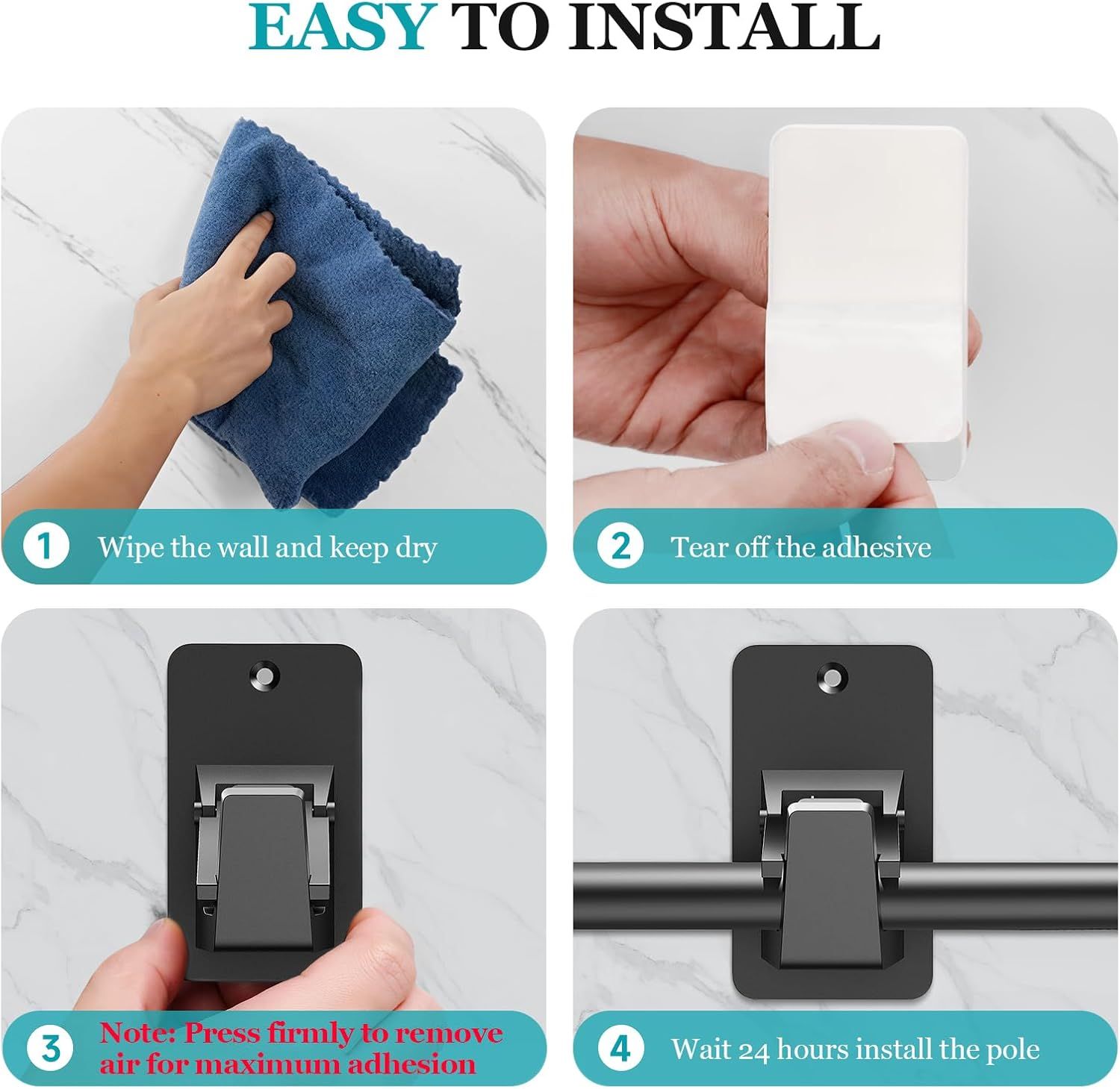 Adhesive No Drill Curtain Rod Brackets - Heavy Duty 30LB Holders for Bathroom Bedroom Kitchen, Universal Damage-Free Window Rod Hooks with Nail-Free Installation (4PC Black) - Image 8