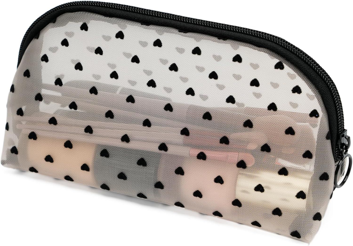 Portable Mesh Makeup Bag with Zipper Small Travel Toiletry Bag Lightweight Cosmetic Pouch (Beige&Black Heart Half Round) - Image 1