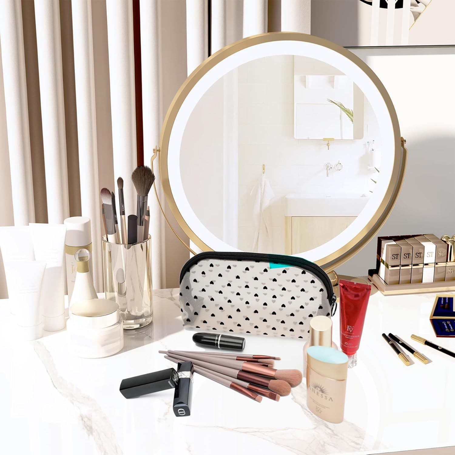 Portable Mesh Makeup Bag with Zipper Small Travel Toiletry Bag Lightweight Cosmetic Pouch (Beige&Black Heart Half Round) - Image 2