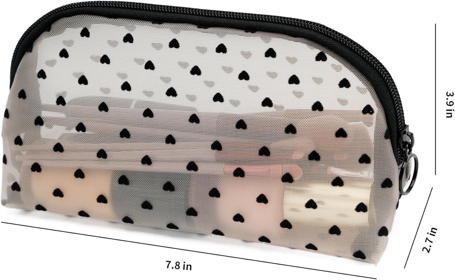 Portable Mesh Makeup Bag with Zipper Small Travel Toiletry Bag Lightweight Cosmetic Pouch (Beige&Black Heart Half Round) - Image 3