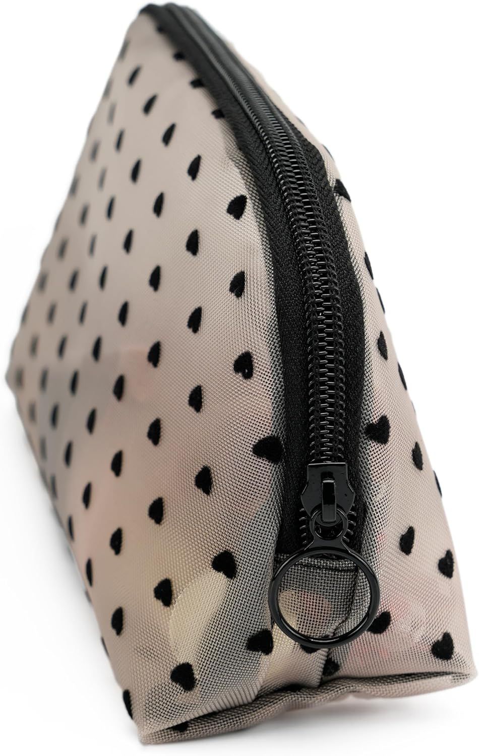 Portable Mesh Makeup Bag with Zipper Small Travel Toiletry Bag Lightweight Cosmetic Pouch (Beige&Black Heart Half Round) - Image 4