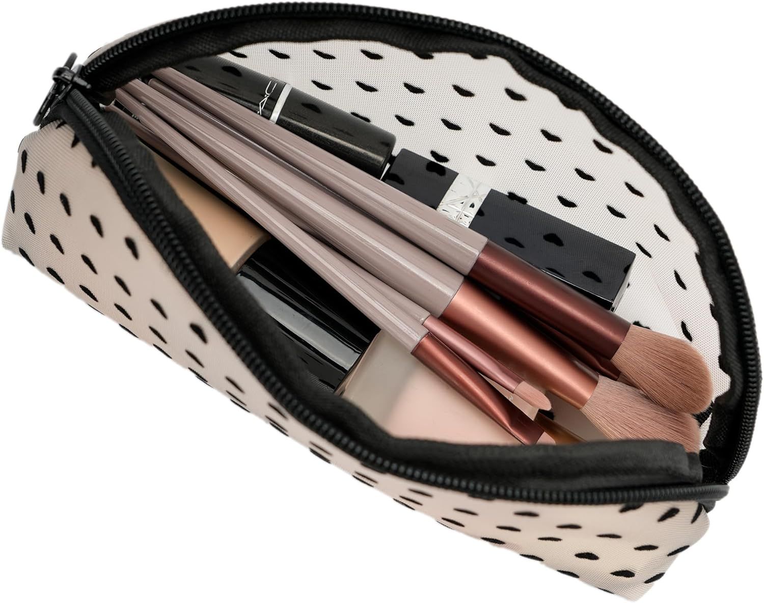 Portable Mesh Makeup Bag with Zipper Small Travel Toiletry Bag Lightweight Cosmetic Pouch (Beige&Black Heart Half Round) - Image 5