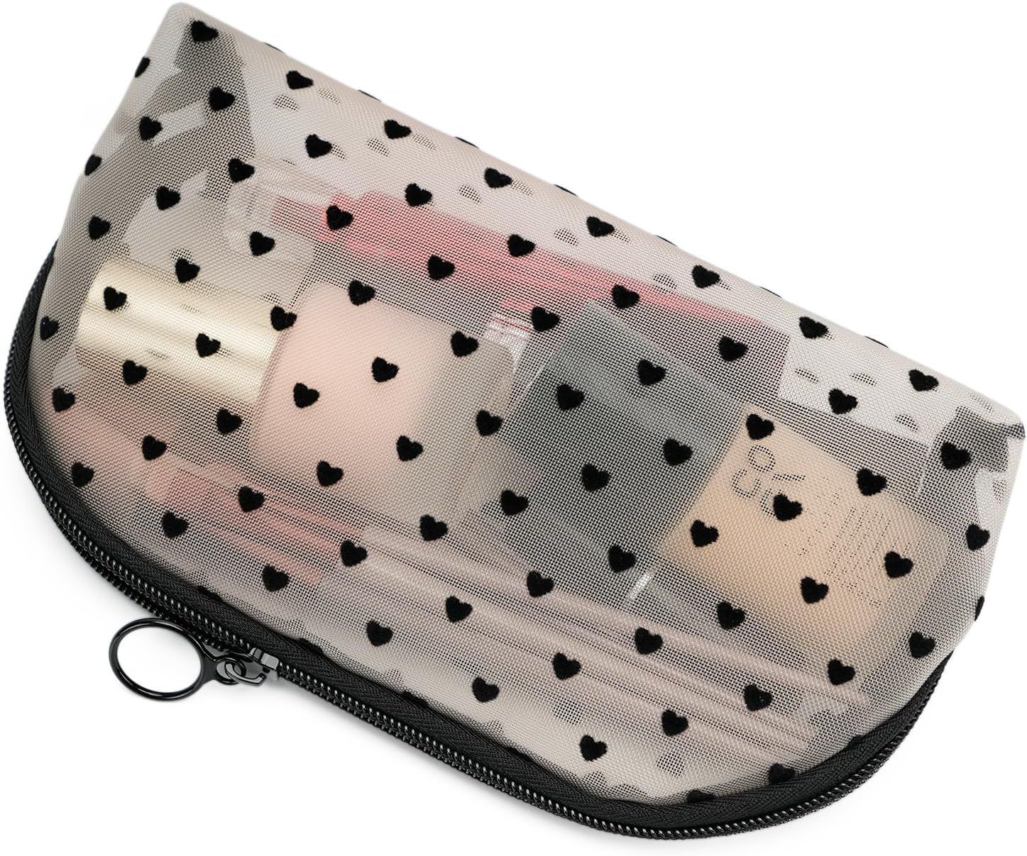 Portable Mesh Makeup Bag with Zipper Small Travel Toiletry Bag Lightweight Cosmetic Pouch (Beige&Black Heart Half Round) - Image 6