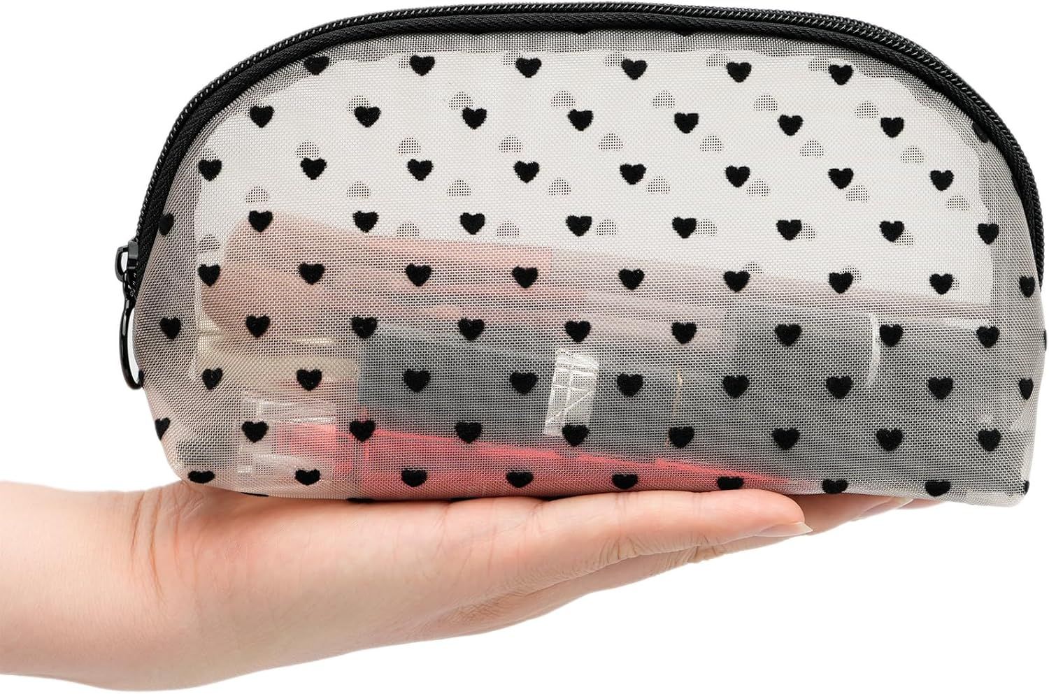 Portable Mesh Makeup Bag with Zipper Small Travel Toiletry Bag Lightweight Cosmetic Pouch (Beige&Black Heart Half Round) - Image 7