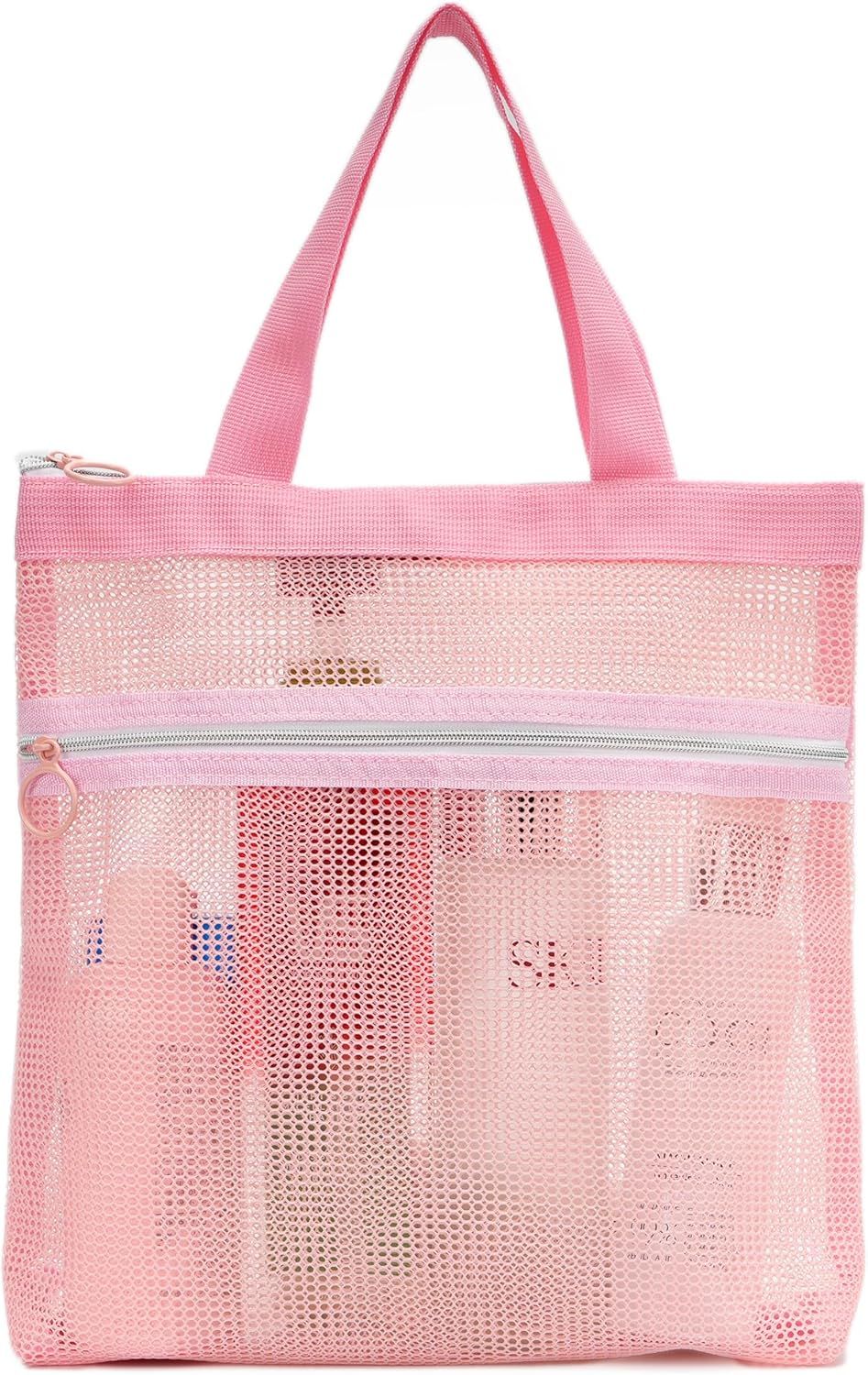 Mesh Shower Caddy Bag Portable Small Hanging Toiletry Tote Bag for Gym Travel Beach Bathroom Sunscreen (Pink) - Image 1