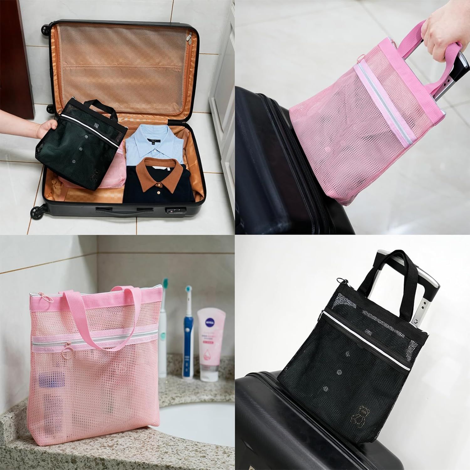 Mesh Shower Caddy Bag Portable Small Hanging Toiletry Tote Bag for Gym Travel Beach Bathroom Sunscreen (Pink) - Image 3