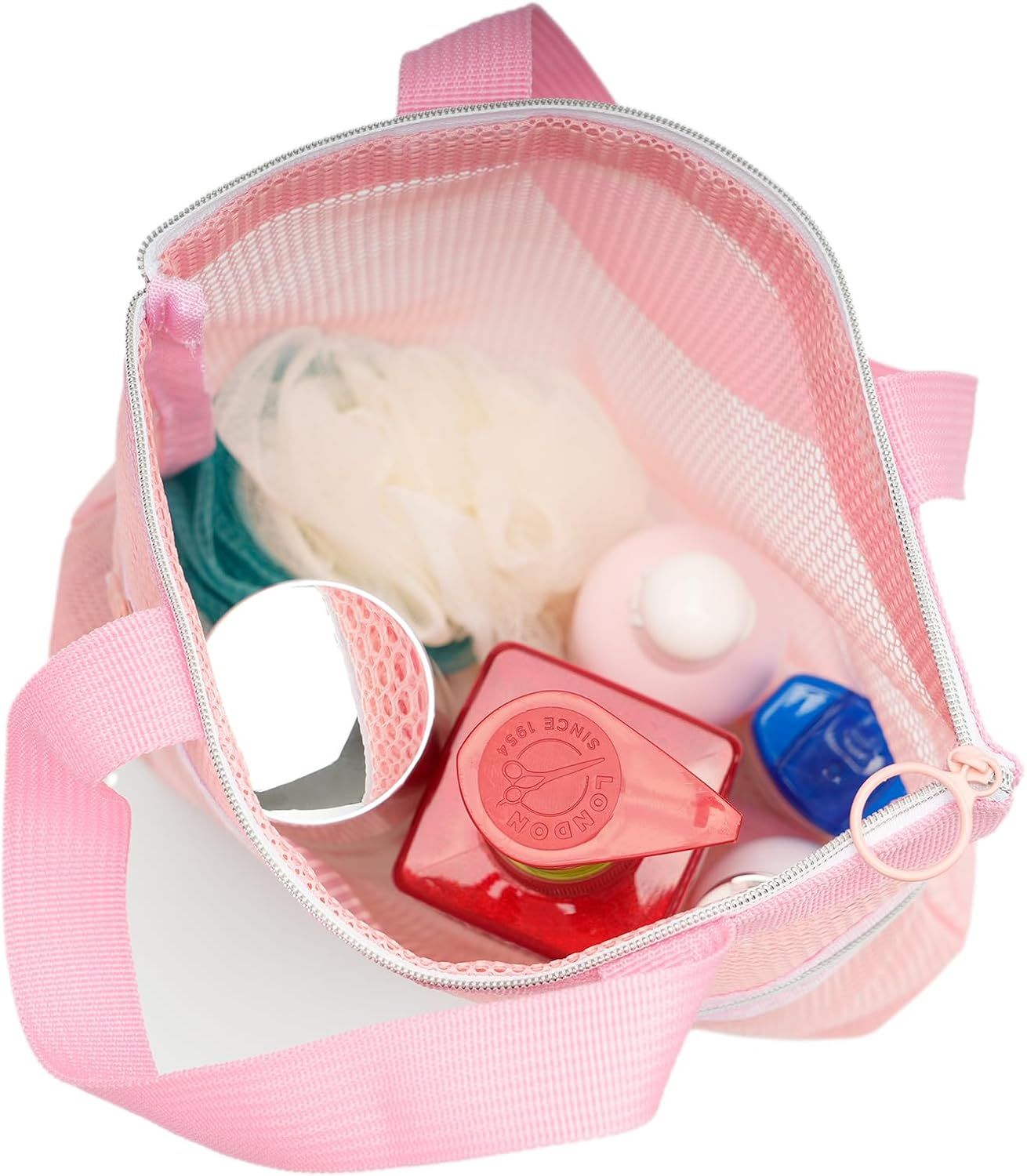 Mesh Shower Caddy Bag Portable Small Hanging Toiletry Tote Bag for Gym Travel Beach Bathroom Sunscreen (Pink) - Image 5