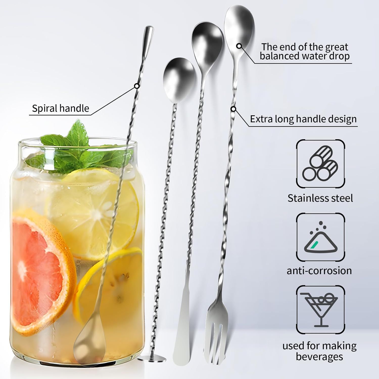 4 PCS Bar Spoon, 304 Stainless Steel Bar Mixing Spoon Stirrers Long Handle Spiral Pattern Mixed Drinks Tools for Drink - Image 4