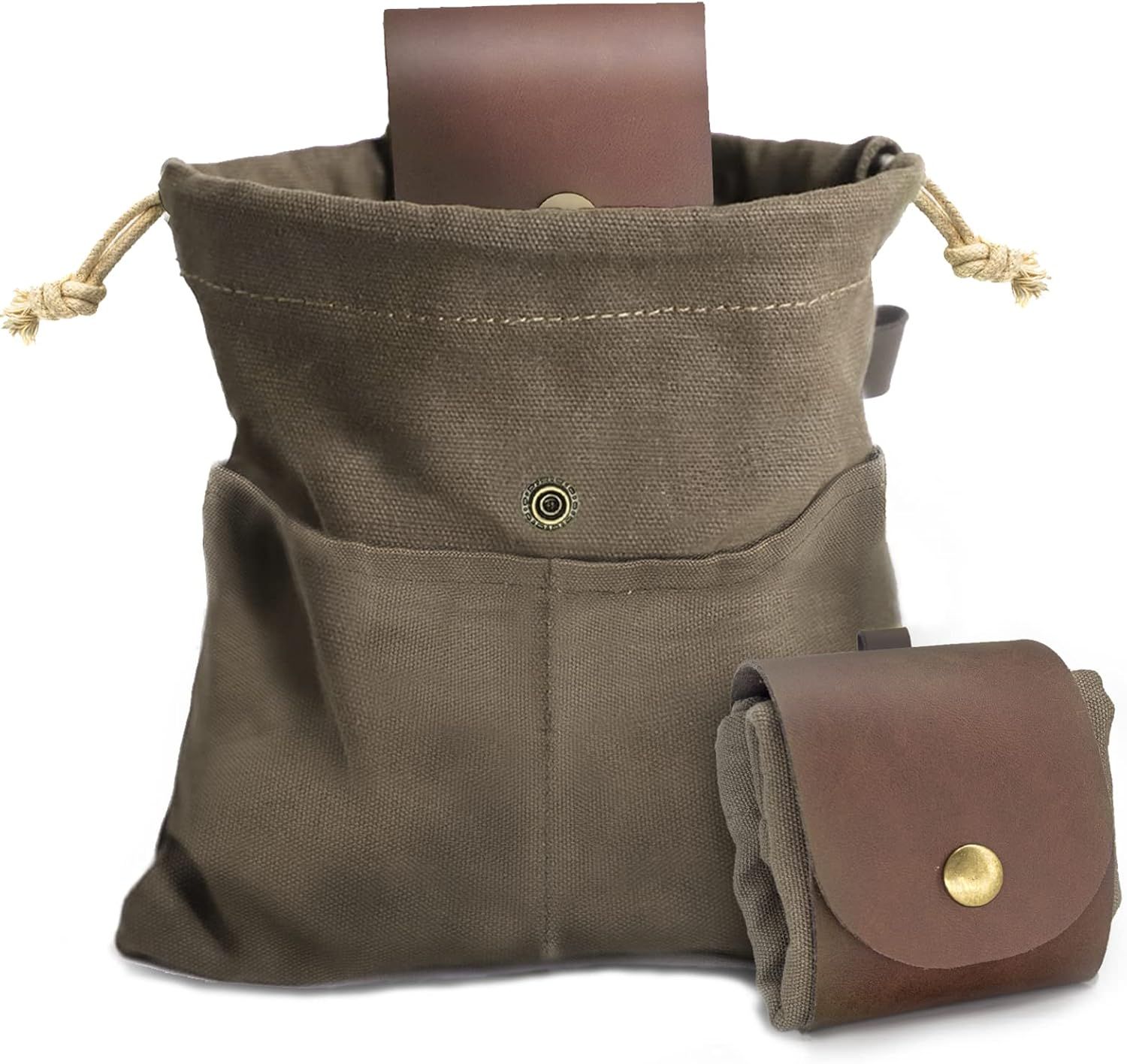 Foraging Pouch Leather Canvas Collapsible Bag Water Resistant Outdoor Camping Storage Folding Bag Mushroom Bags Bushcraft Belt Pouches for Travel Camping Hiking - Image 1