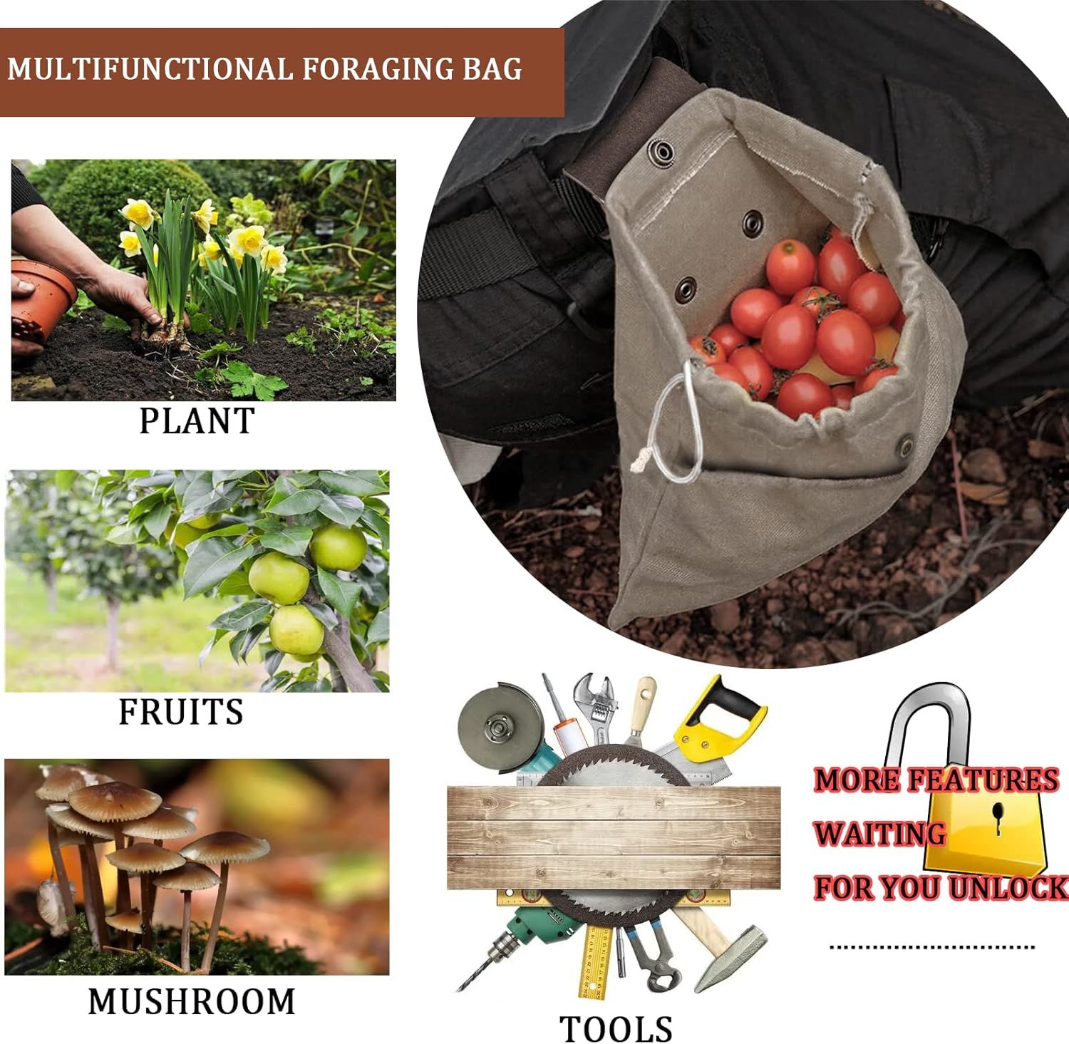 Foraging Pouch Leather Canvas Collapsible Bag Water Resistant Outdoor Camping Storage Folding Bag Mushroom Bags Bushcraft Belt Pouches for Travel Camping Hiking - Image 2