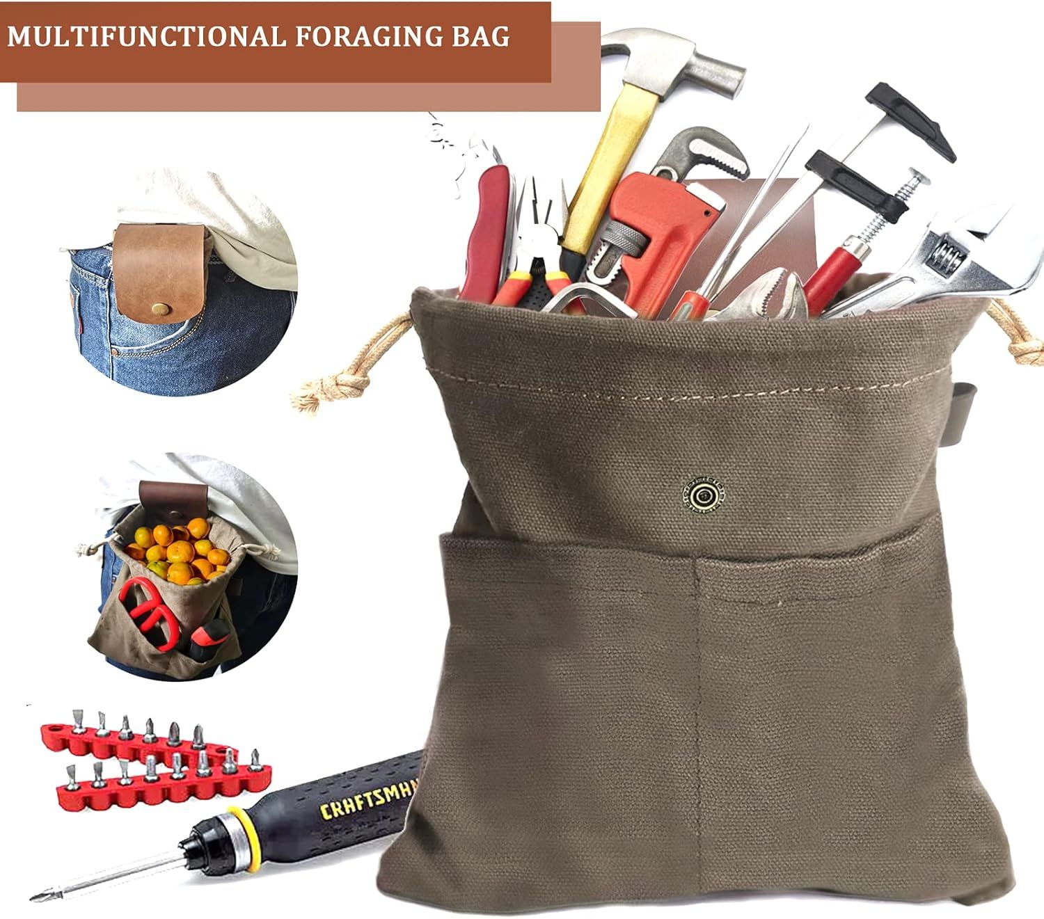 Foraging Pouch Leather Canvas Collapsible Bag Water Resistant Outdoor Camping Storage Folding Bag Mushroom Bags Bushcraft Belt Pouches for Travel Camping Hiking - Image 3