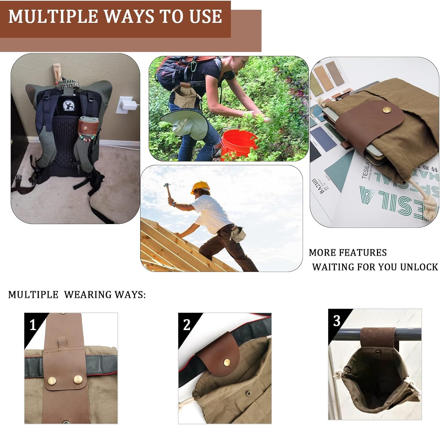 Foraging Pouch Leather Canvas Collapsible Bag Water Resistant Outdoor Camping Storage Folding Bag Mushroom Bags Bushcraft Belt Pouches for Travel Camping Hiking - Image 5