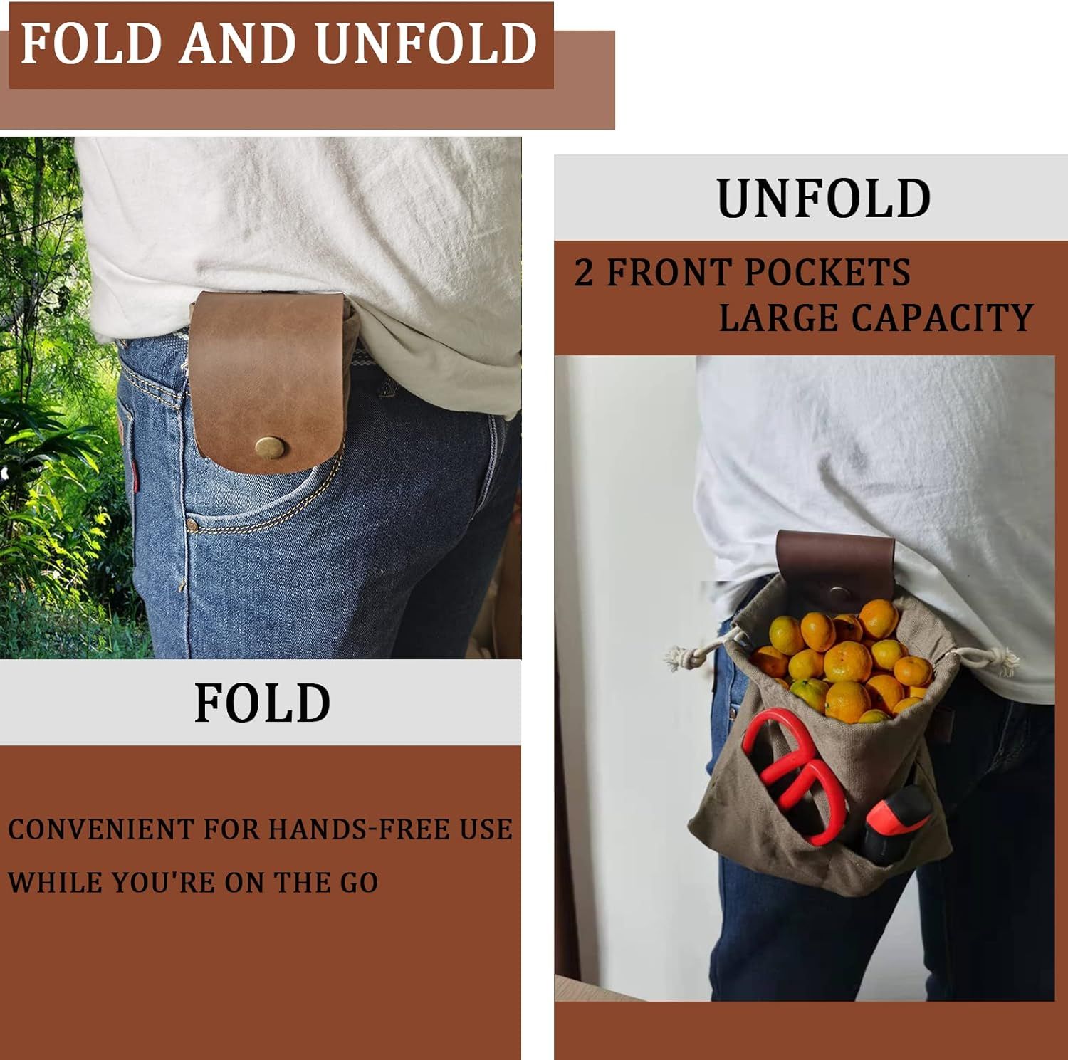 Foraging Pouch Leather Canvas Collapsible Bag Water Resistant Outdoor Camping Storage Folding Bag Mushroom Bags Bushcraft Belt Pouches for Travel Camping Hiking - Image 6