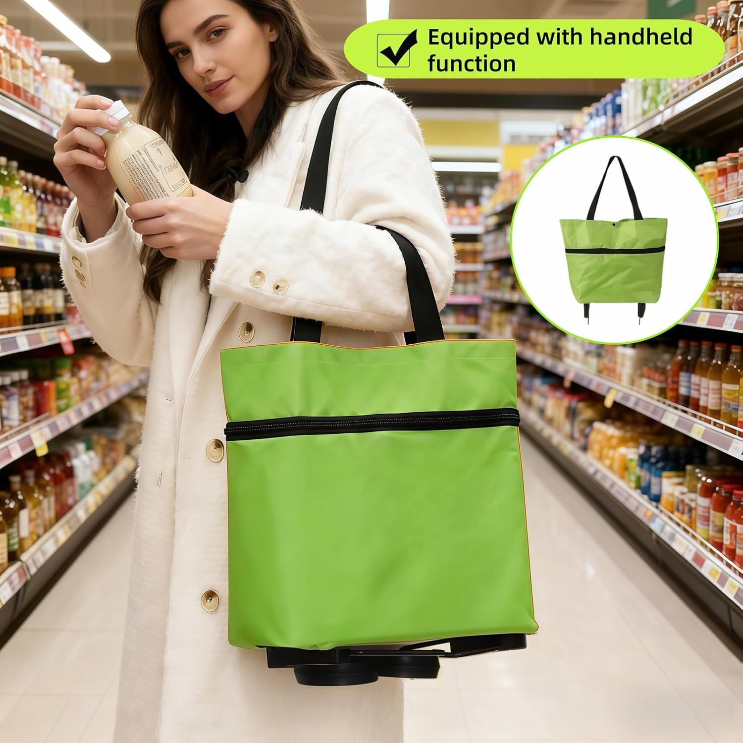 2-in-1 Foldable Shopping Cart with Wheels,Waterproof & Sturdy Grocery Bag Hand Truck, Collapsible Portable Rolling Tote for Supermarket,Laundry,Travel,33 lbs Capacity,Waterproof Oxford Fabric - Image 2
