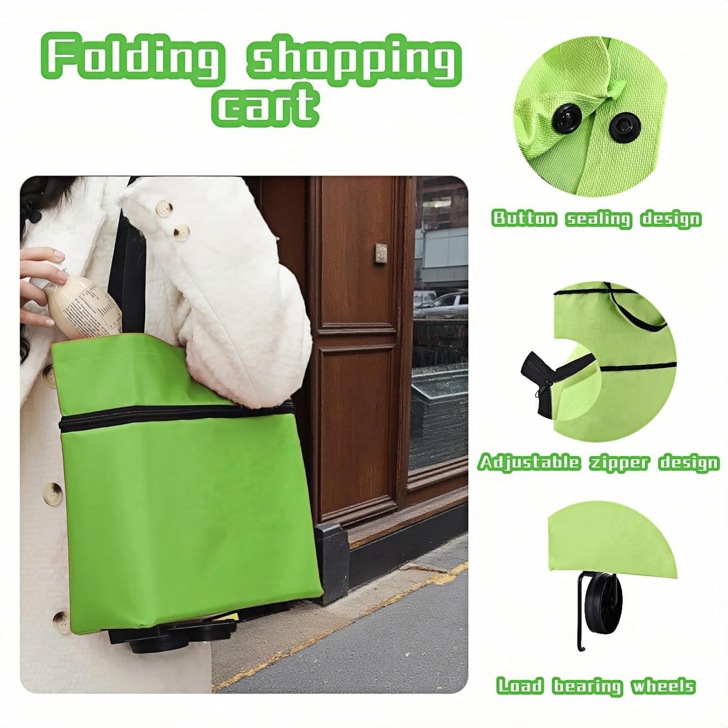 2-in-1 Foldable Shopping Cart with Wheels,Waterproof & Sturdy Grocery Bag Hand Truck, Collapsible Portable Rolling Tote for Supermarket,Laundry,Travel,33 lbs Capacity,Waterproof Oxford Fabric - Image 5