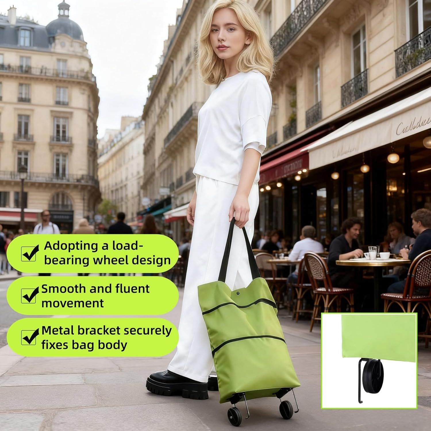 2-in-1 Foldable Shopping Cart with Wheels,Waterproof & Sturdy Grocery Bag Hand Truck, Collapsible Portable Rolling Tote for Supermarket,Laundry,Travel,33 lbs Capacity,Waterproof Oxford Fabric - Image 6