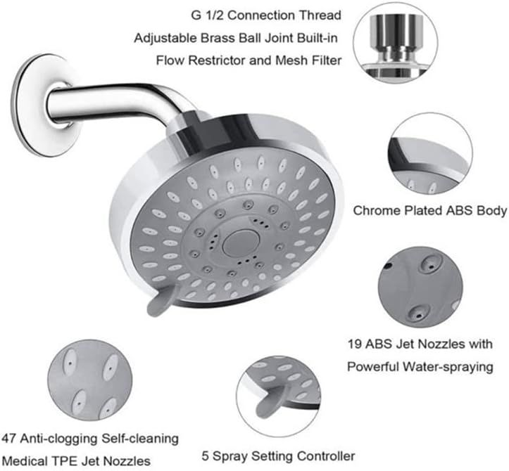 Shower Head High High Flow Pressure Rain Fixed Showerhead 5-Setting with Bathroom Showerhead with Adjustable Brass Ball Joint - for Luxury Shower Experience Even at Low Water Pressure - Image 5