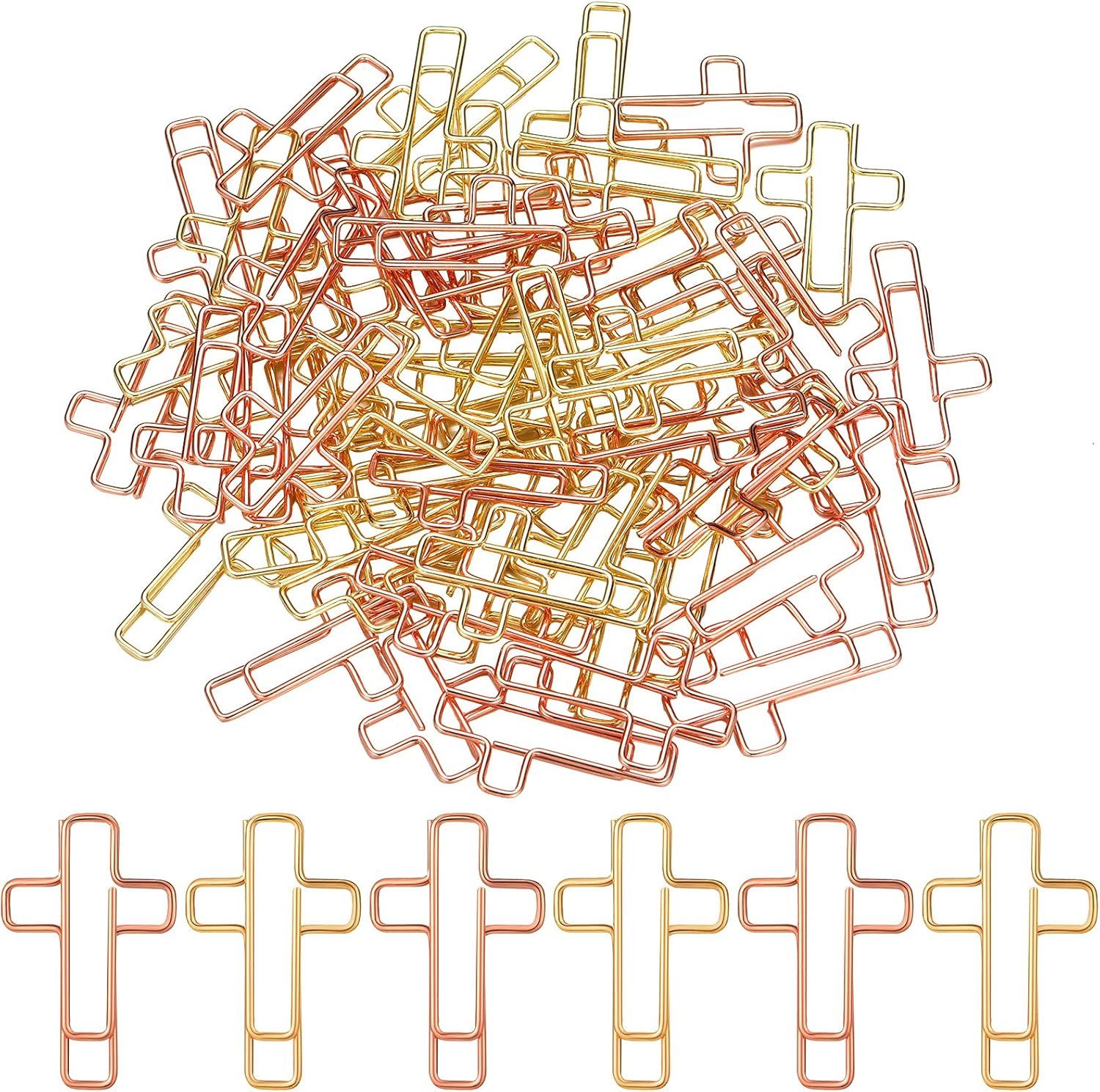 100 Pieces Cross Paper Clips with Clear Plastic Box Gold and Rose Gold Color Cute Paperclips Christian Journaling Supplies Metal Clamps Bible Study Gifts for Bookmark Office Document Note - Image 1