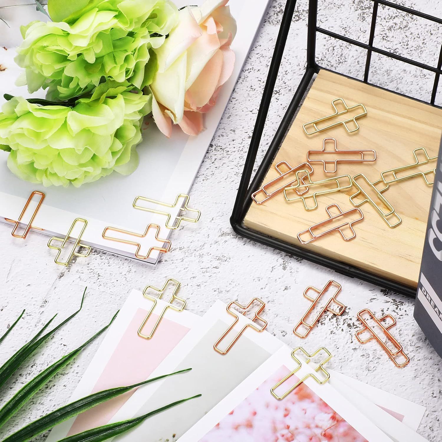 100 Pieces Cross Paper Clips with Clear Plastic Box Gold and Rose Gold Color Cute Paperclips Christian Journaling Supplies Metal Clamps Bible Study Gifts for Bookmark Office Document Note - Image 2