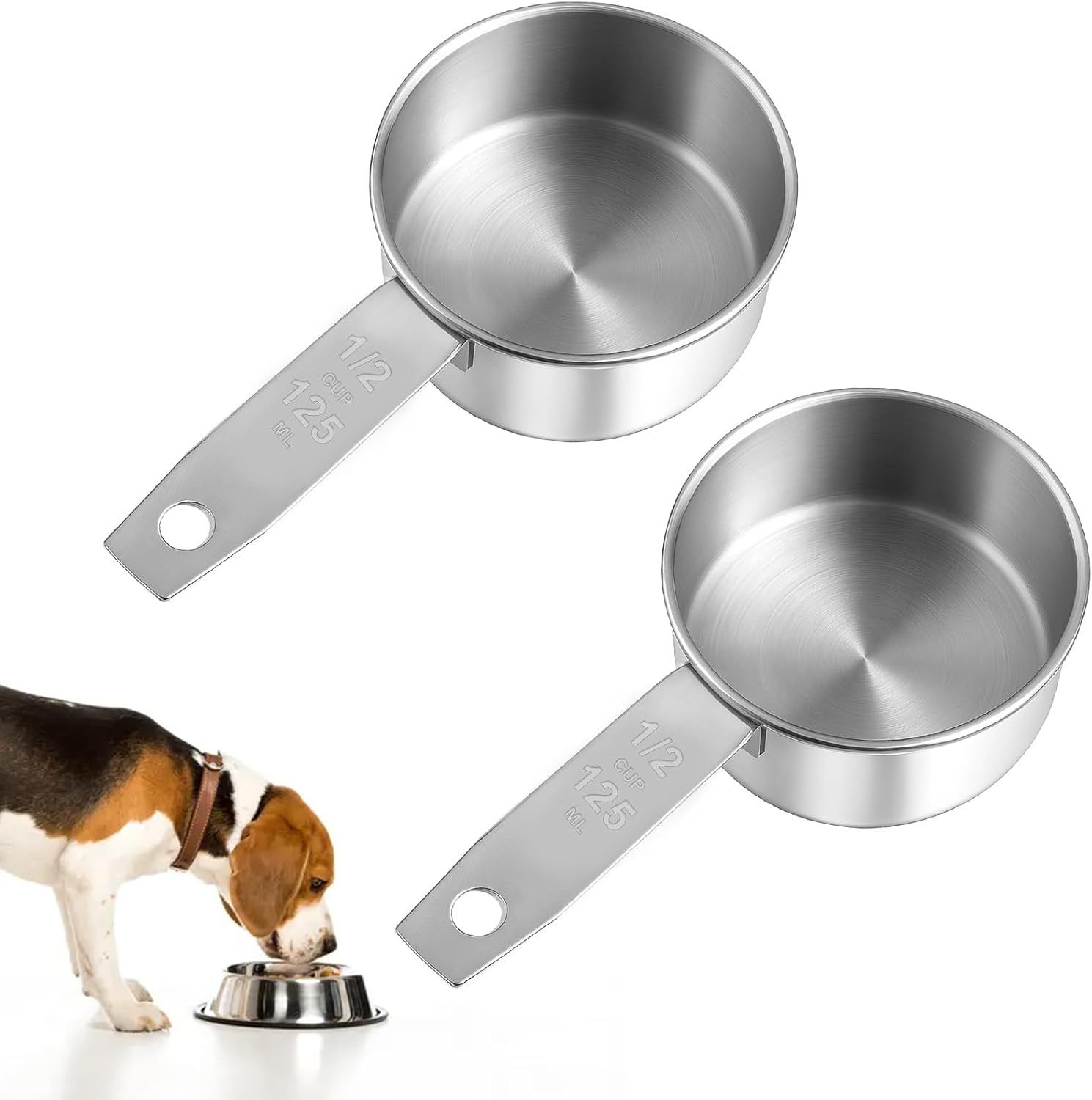 2 PCS 1/2 Cup Dog Food Scoop, 1/2 Cup Measuring Scoop, 125ml Stainless Steel Half Cups Dog Food Scoops for Feeding Pet, Wet and Dry Ingredients, Dishwasher Safe - Image 1