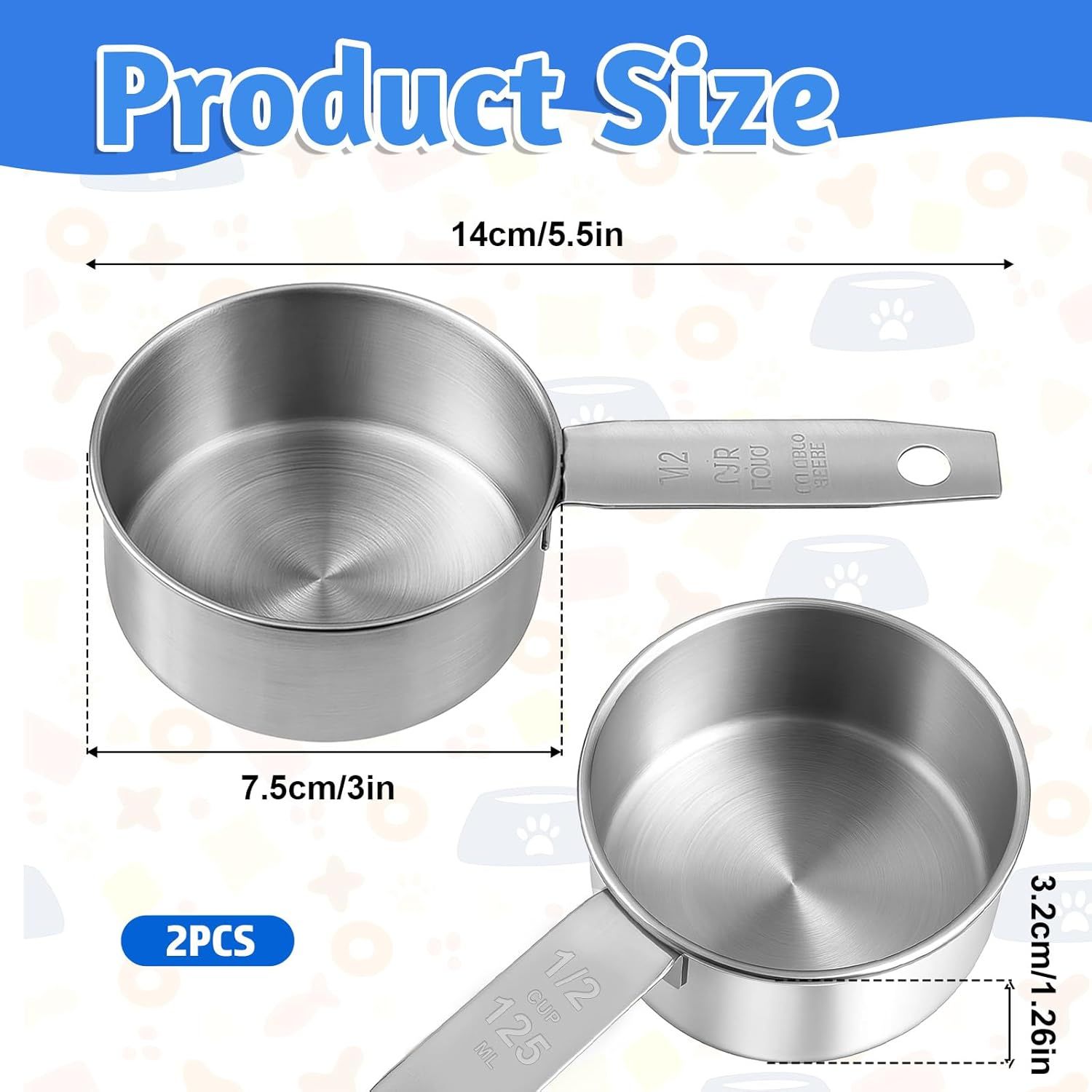2 PCS 1/2 Cup Dog Food Scoop, 1/2 Cup Measuring Scoop, 125ml Stainless Steel Half Cups Dog Food Scoops for Feeding Pet, Wet and Dry Ingredients, Dishwasher Safe - Image 3