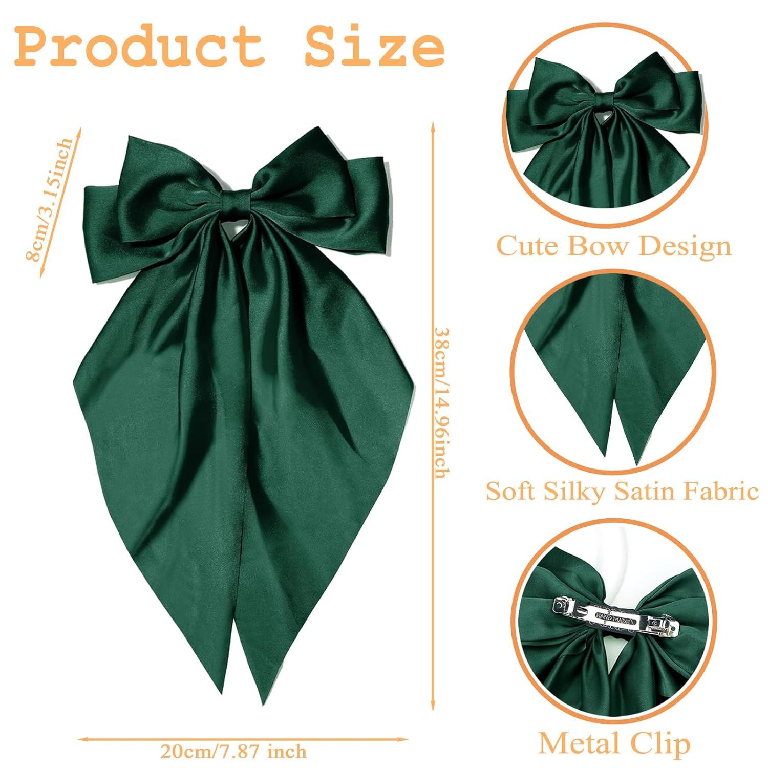Green Hair Bows for Women Girl, Big Bow Hair Clips, Silky Satin Bows Oversized Long Tail with Clips Barrettes Big Bowknot Hair, St. Patrick's Day Party Accessories - Image 2