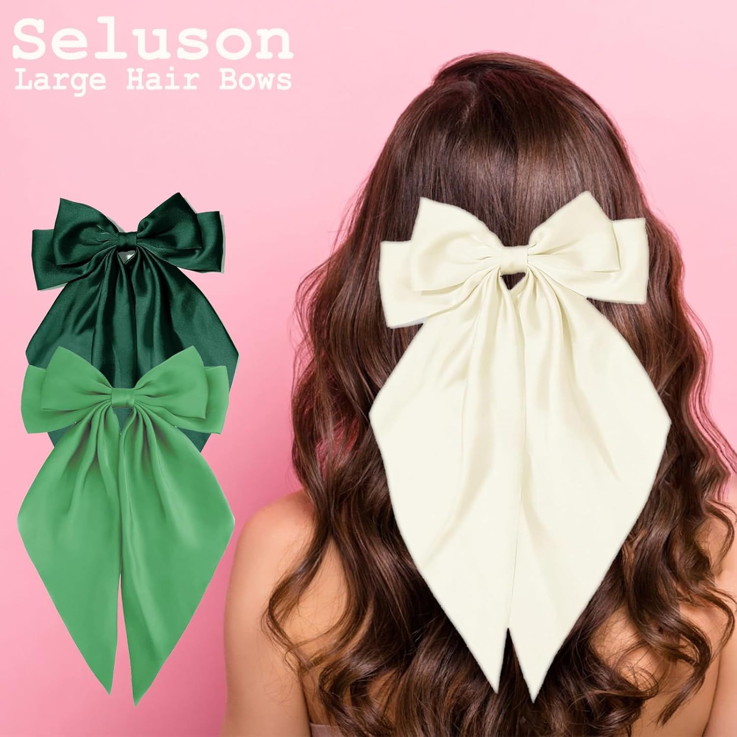 Green Hair Bows for Women Girl, Big Bow Hair Clips, Silky Satin Bows Oversized Long Tail with Clips Barrettes Big Bowknot Hair, St. Patrick's Day Party Accessories - Image 3