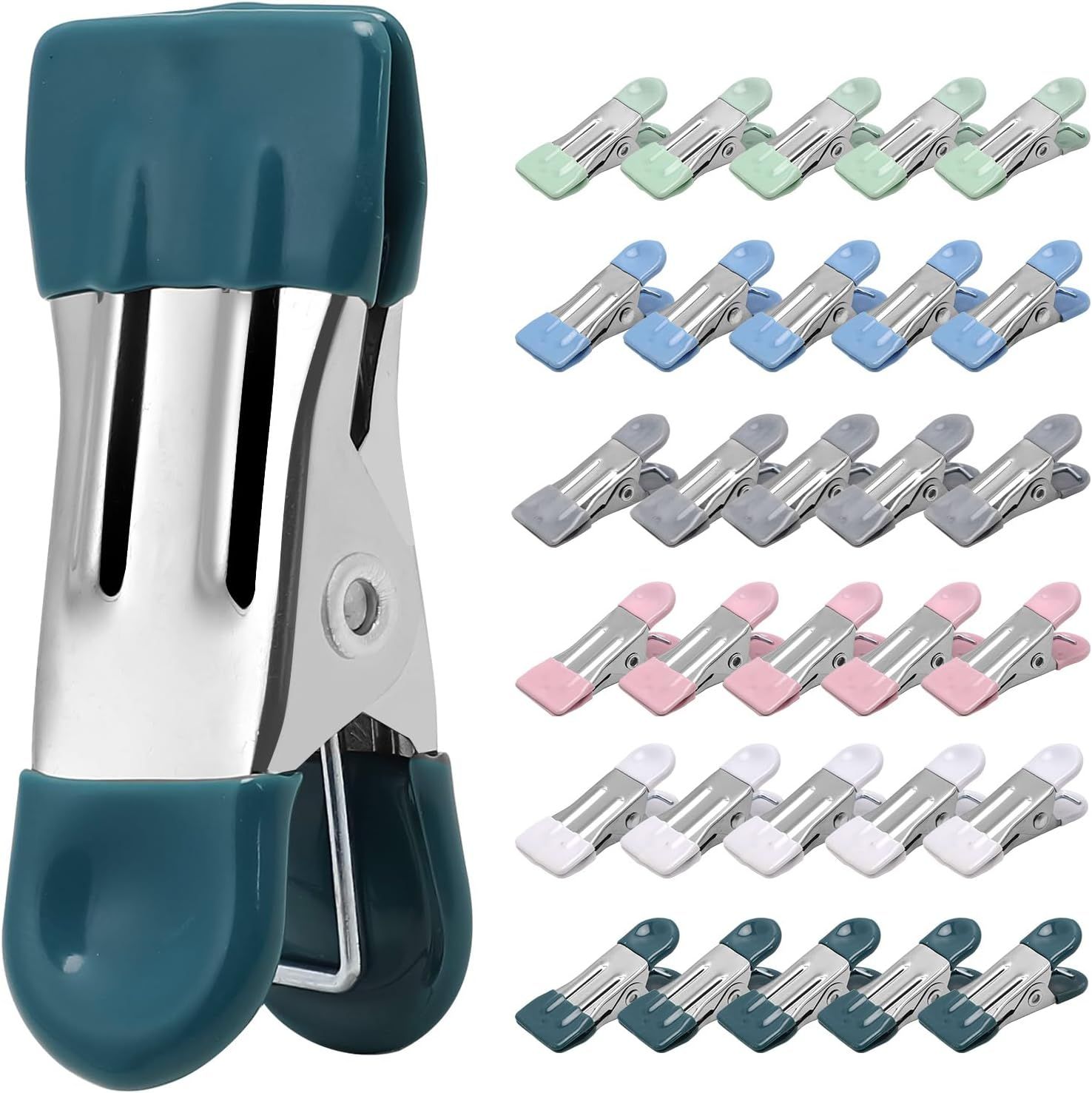 Clothes Pins Heavy Duty 30 Pack, 2.17 Inch Metal Chip Clips, Clothespins for Photo Drying Clothesline Laundry Sock, Bag Clips for Food Kitchen Stainless Steel with Rubber, 6 Colors - Image 1