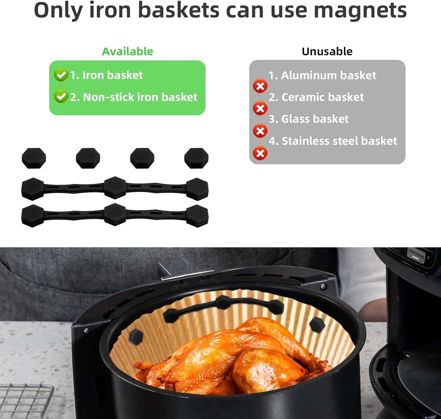 2 Sets Air Fryer Magnet Silicone Buckle, Air Fryer Magnets for Parchment Paper Liners Silicone Magnetic Buckle Prevent Paper Burning Kitchen Accessories (Black) - Image 4