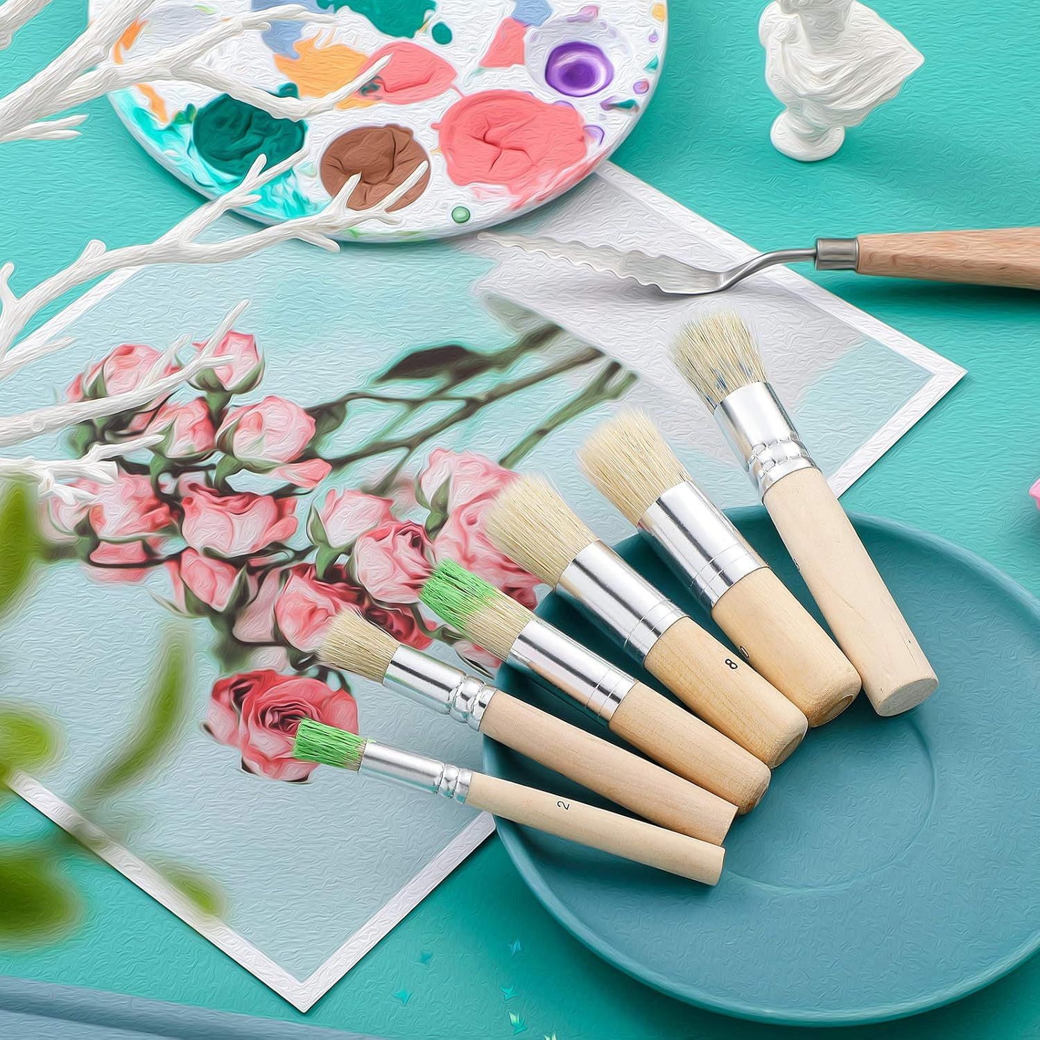6 Pieces Wooden Stencil Brushes Pure Natural Bristle Template Paint Brushes for Acrylic Oil Watercolor Art Painting Stencil Project DIY Crafts, 6 Sizes - Image 5