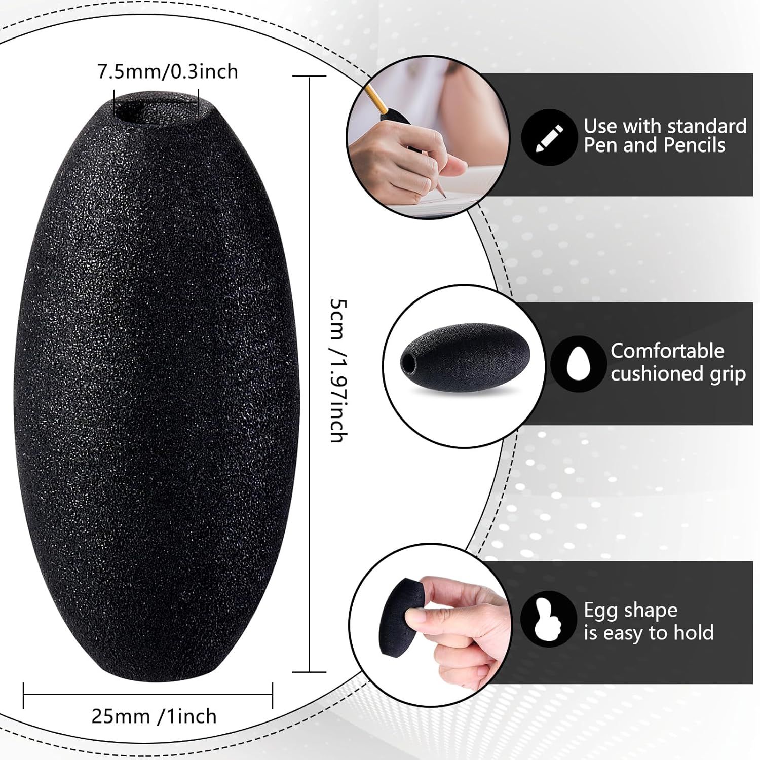 Writing Aid Trainer for Adults Foam Egg Grips Pen Cushioned Holders Writing Aid Trainer for Handwriting Drawing Preschool Supplies Right or Left Hand Use, 6 Pieces(Black) - Image 2