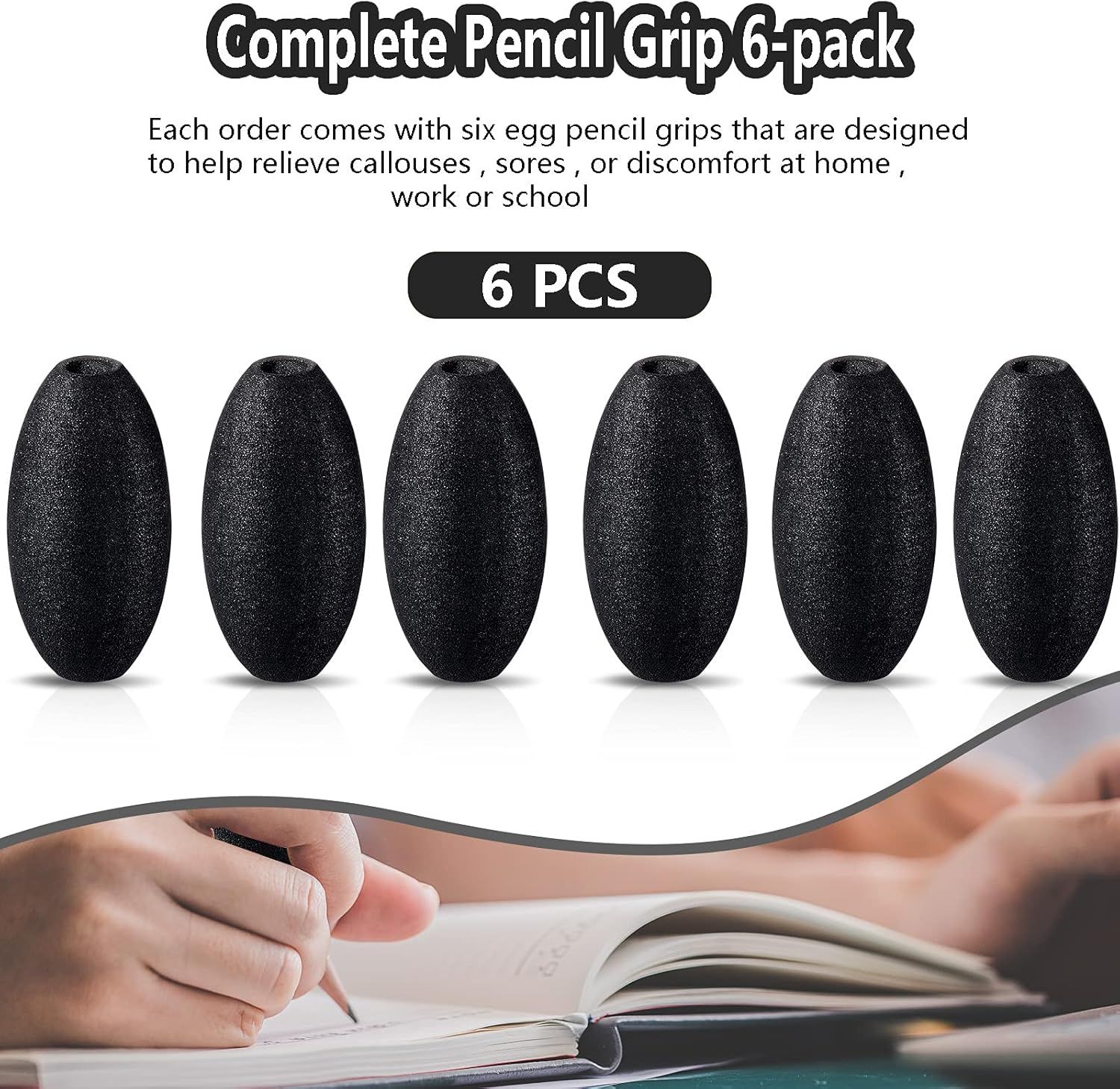 Writing Aid Trainer for Adults Foam Egg Grips Pen Cushioned Holders Writing Aid Trainer for Handwriting Drawing Preschool Supplies Right or Left Hand Use, 6 Pieces(Black) - Image 3