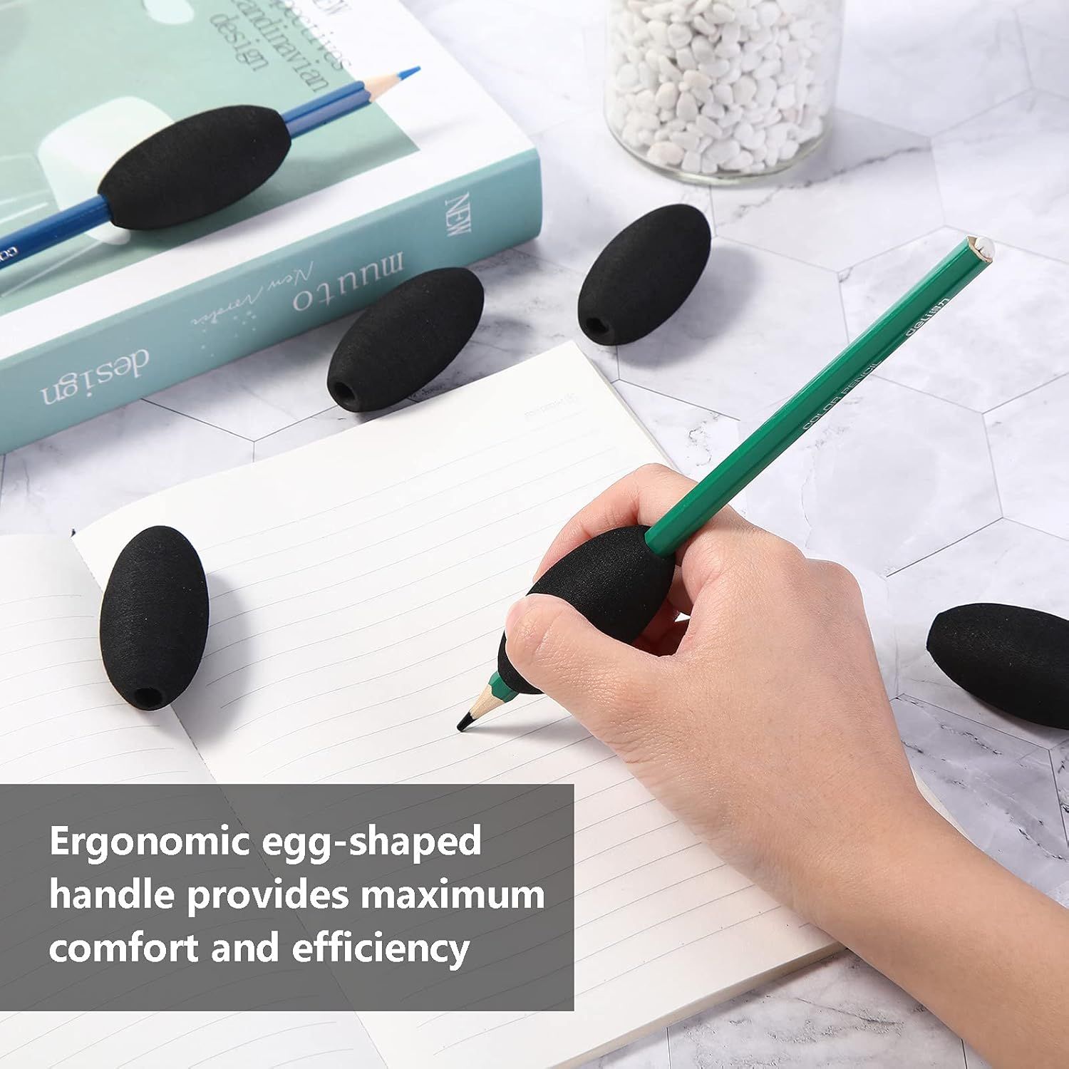 Writing Aid Trainer for Adults Foam Egg Grips Pen Cushioned Holders Writing Aid Trainer for Handwriting Drawing Preschool Supplies Right or Left Hand Use, 6 Pieces(Black) - Image 7