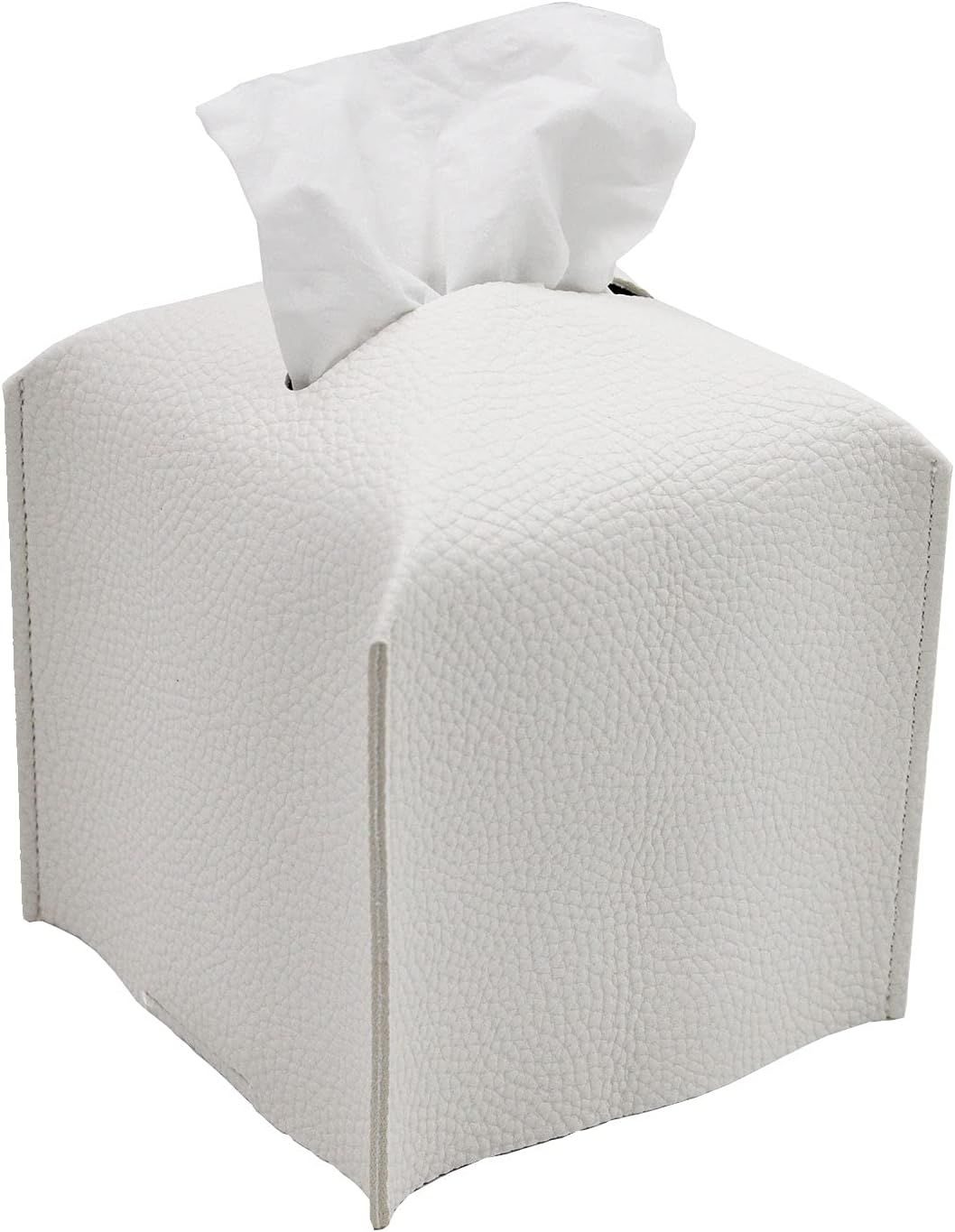 Tissue Box Cover, Square Decorative PU Leather Tissue Box Holder Modern Tissue Case Facial Paper Organizer Dispenser for Bathroom, Vanity Countertop, Night Stands, Desk 5X5X5'' | Off White - Image 1
