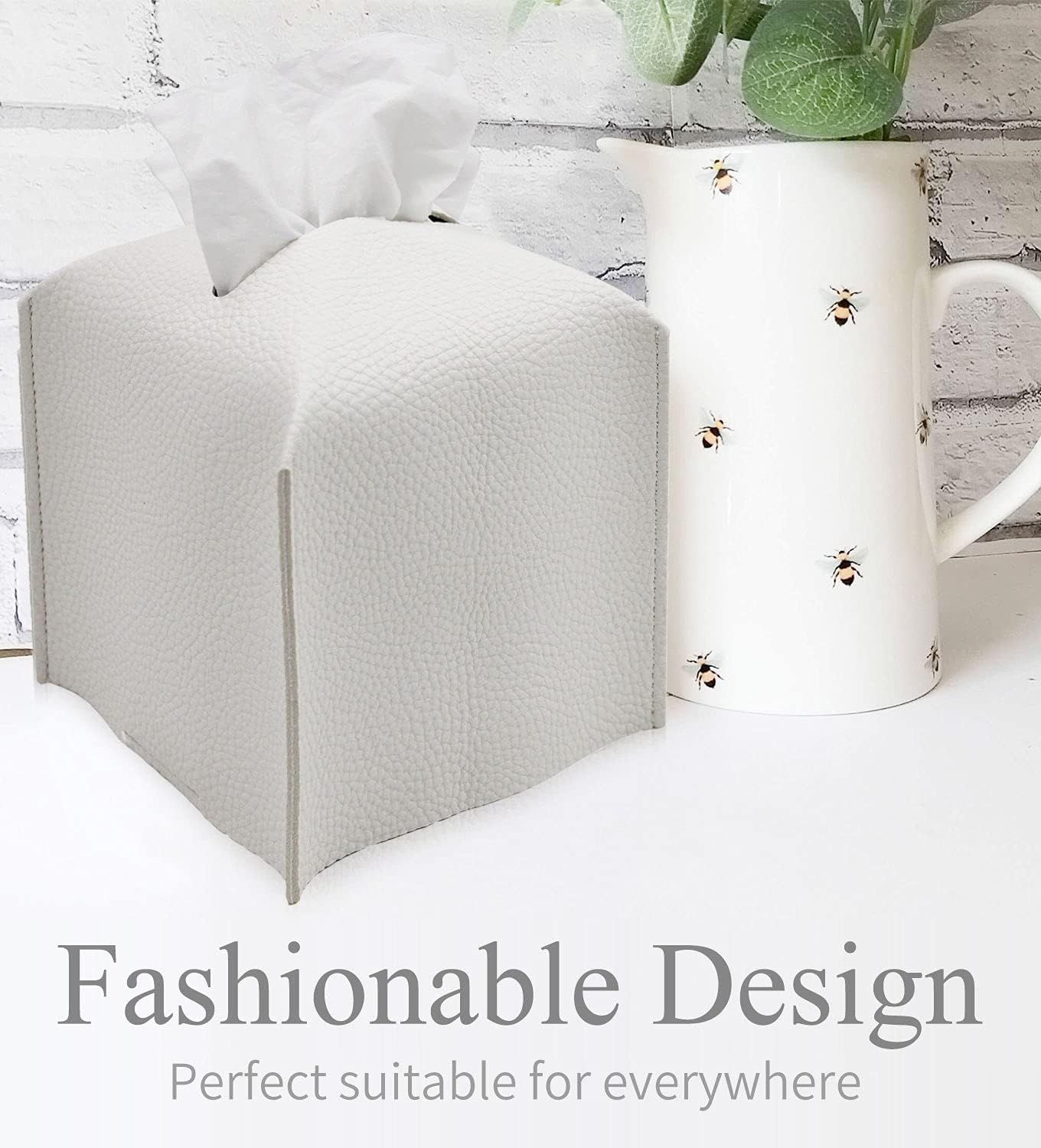 Tissue Box Cover, Square Decorative PU Leather Tissue Box Holder Modern Tissue Case Facial Paper Organizer Dispenser for Bathroom, Vanity Countertop, Night Stands, Desk 5X5X5'' | Off White - Image 2