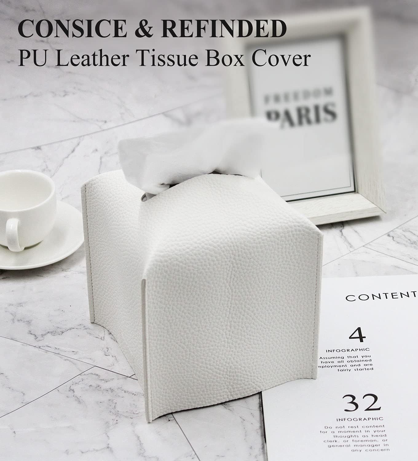 Tissue Box Cover, Square Decorative PU Leather Tissue Box Holder Modern Tissue Case Facial Paper Organizer Dispenser for Bathroom, Vanity Countertop, Night Stands, Desk 5X5X5'' | Off White - Image 4