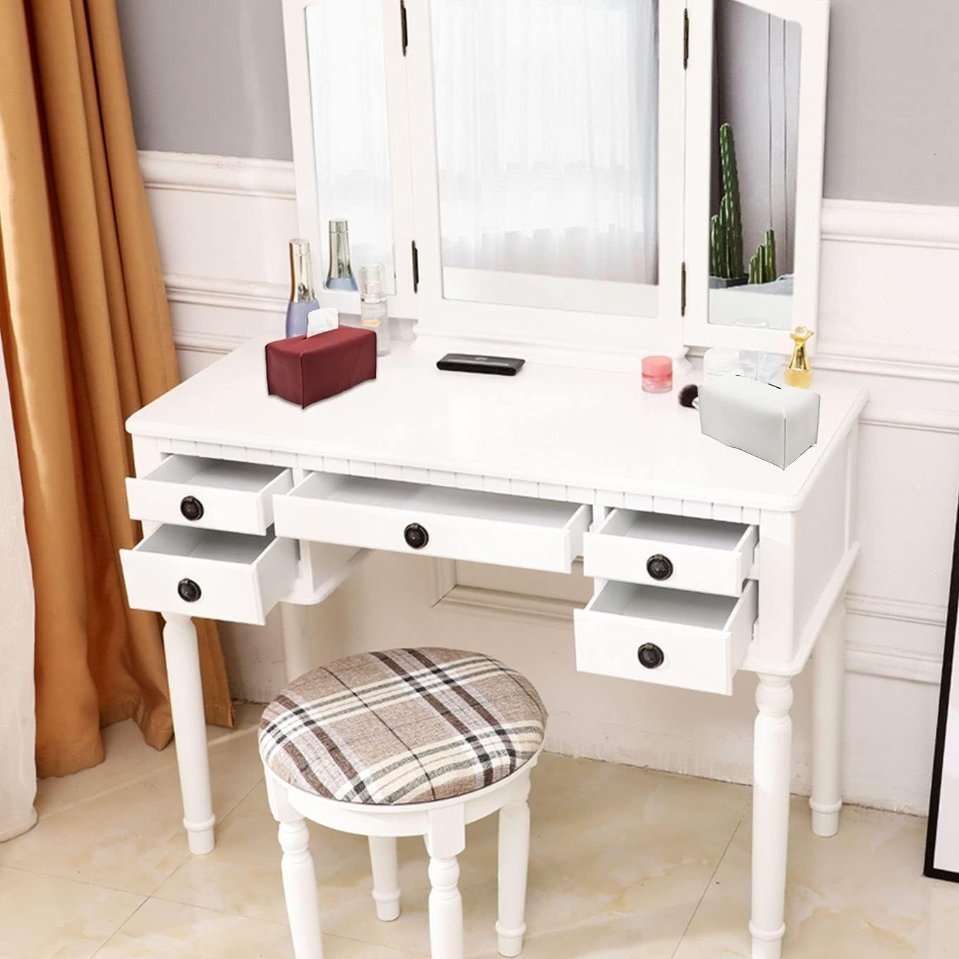 Tissue Box Cover, Modern Decorative PU Leather Rectangular Tissue Box Case Organizer Holder for Vanity Countertop, Night Stands, Livingroom, Office Desk & Car 9.5X5X5'' | Off White - Image 2