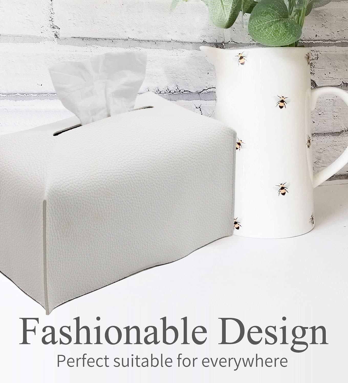 Tissue Box Cover, Modern Decorative PU Leather Rectangular Tissue Box Case Organizer Holder for Vanity Countertop, Night Stands, Livingroom, Office Desk & Car 9.5X5X5'' | Off White - Image 3