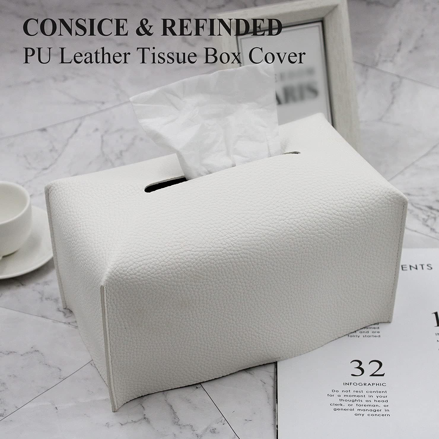 Tissue Box Cover, Modern Decorative PU Leather Rectangular Tissue Box Case Organizer Holder for Vanity Countertop, Night Stands, Livingroom, Office Desk & Car 9.5X5X5'' | Off White - Image 4
