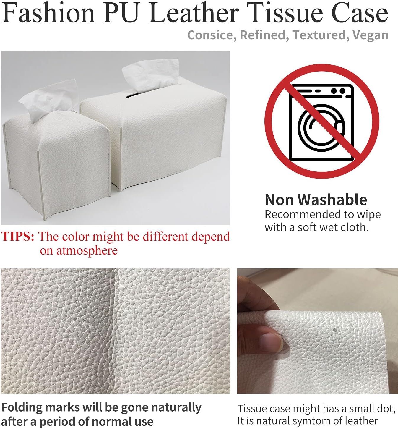 Tissue Box Cover, Modern Decorative PU Leather Rectangular Tissue Box Case Organizer Holder for Vanity Countertop, Night Stands, Livingroom, Office Desk & Car 9.5X5X5'' | Off White - Image 6