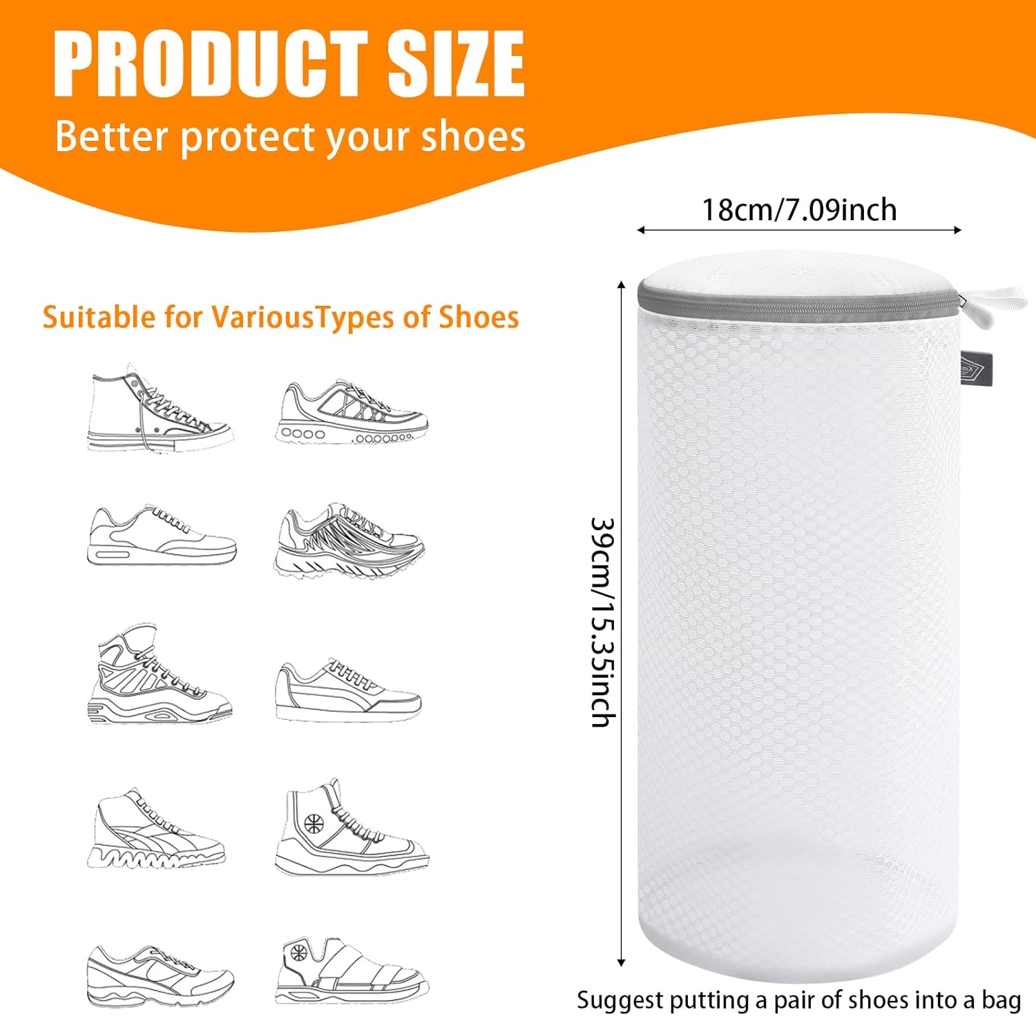 Kimmama Shoe Washing Machine Bag, Shoe Bag for Washing Machine, Mesh Laundry Bags for Sneakers, Footwear, Trainers, Slippers, Honeycomb Net, Grey Zipper, 7x15