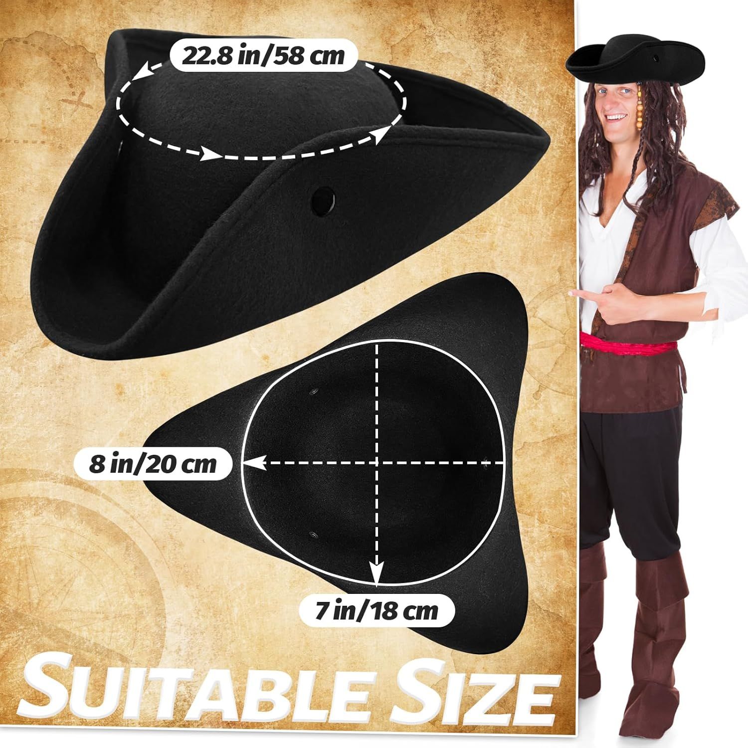 Pirate Hat for Men Women,Pirate Costume Accessories Hat,Colonial Triangle Hat for Halloween,Dress Up Party - Image 2