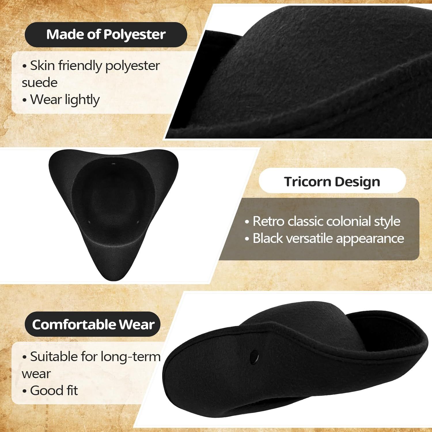Pirate Hat for Men Women,Pirate Costume Accessories Hat,Colonial Triangle Hat for Halloween,Dress Up Party - Image 3